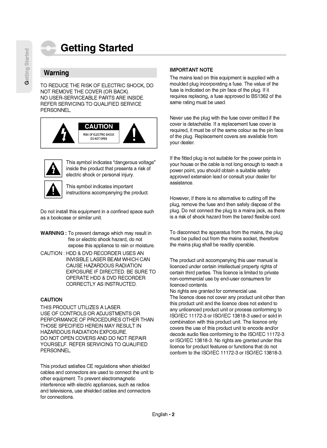 Samsung DVD-HR750/XEC, DVD-HR750/AUS, DVD-HR750/EUR manual Getting Started, No rights are granted for commercial use, English 