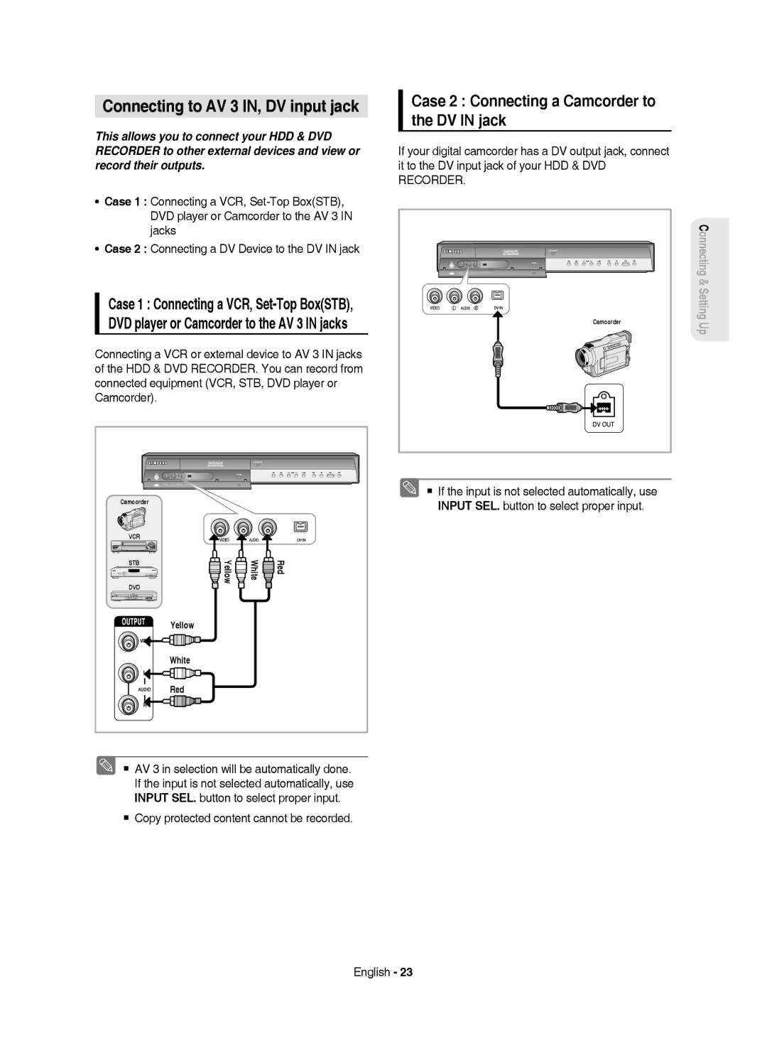 Samsung DVD-HR750/XEH, DVD-HR750/AUS Connecting to AV 3 IN, DV input jack, Case 2 Connecting a Camcorder to the DV in jack 