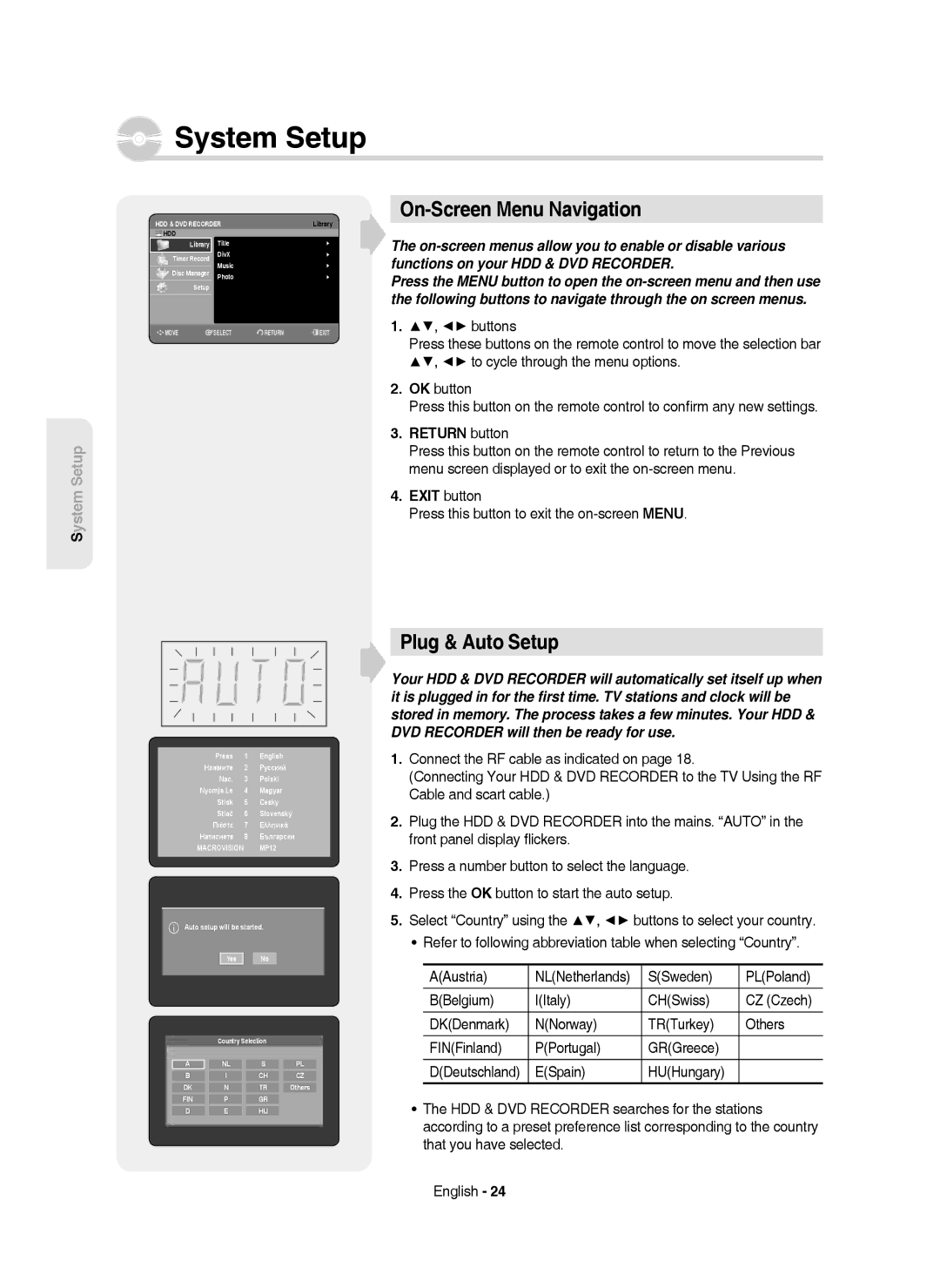 Samsung DVD-HR750/AUS, DVD-HR750/EUR manual System Setup, On-Screen Menu Navigation, Plug & Auto Setup, Return button 