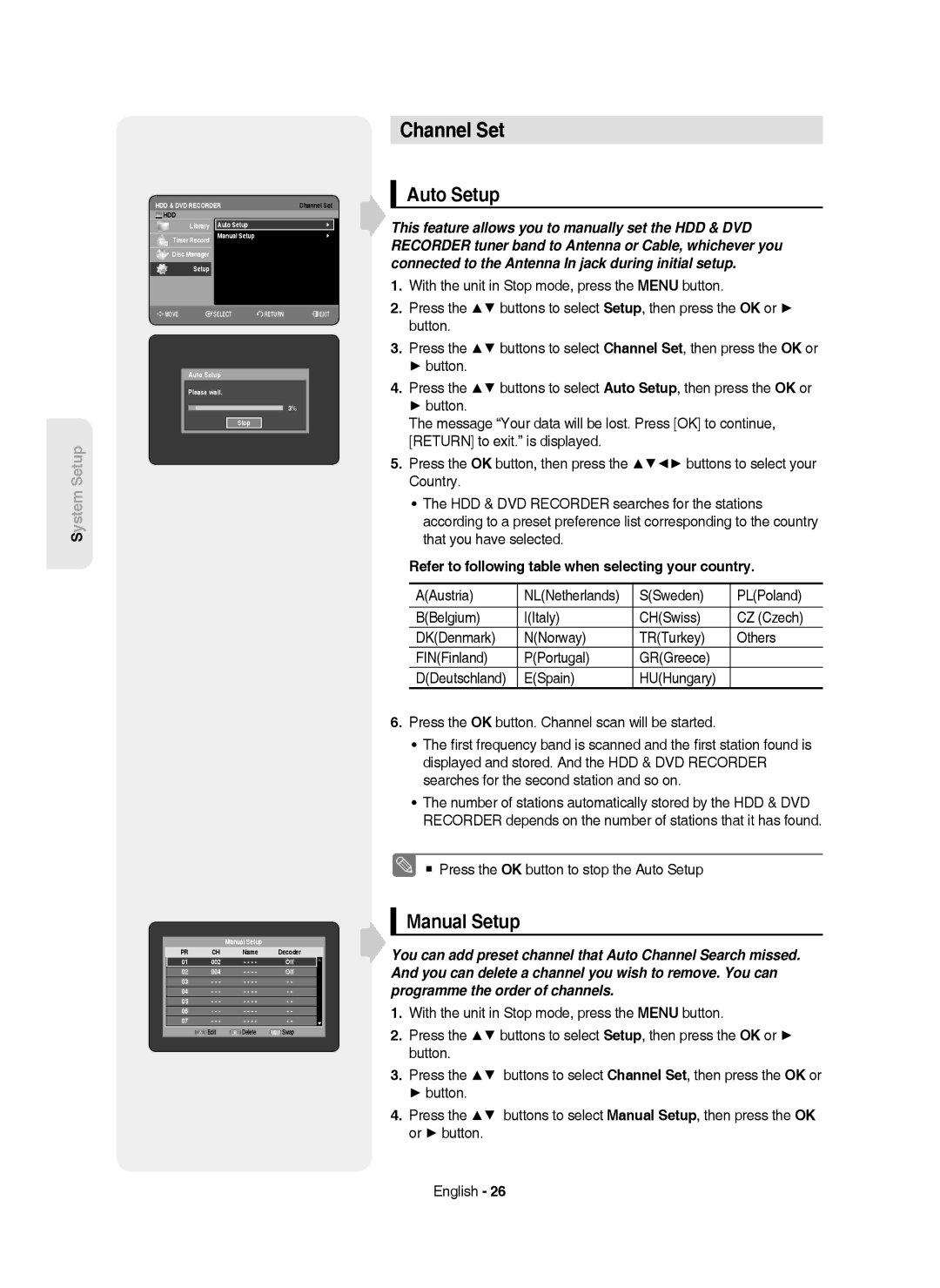 Samsung DVD-HR750/XEC manual Channel Set, Auto Setup, Manual Setup, Refer to following table when selecting your country 