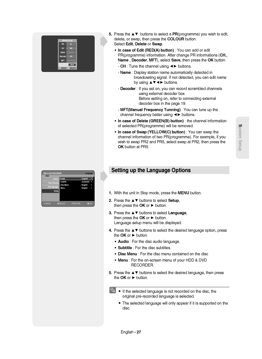 Samsung DVD-HR750/XEH, DVD-HR750/AUS, DVD-HR750/EUR manual Setting up the Language Options, Select Edit, Delete or Swap 