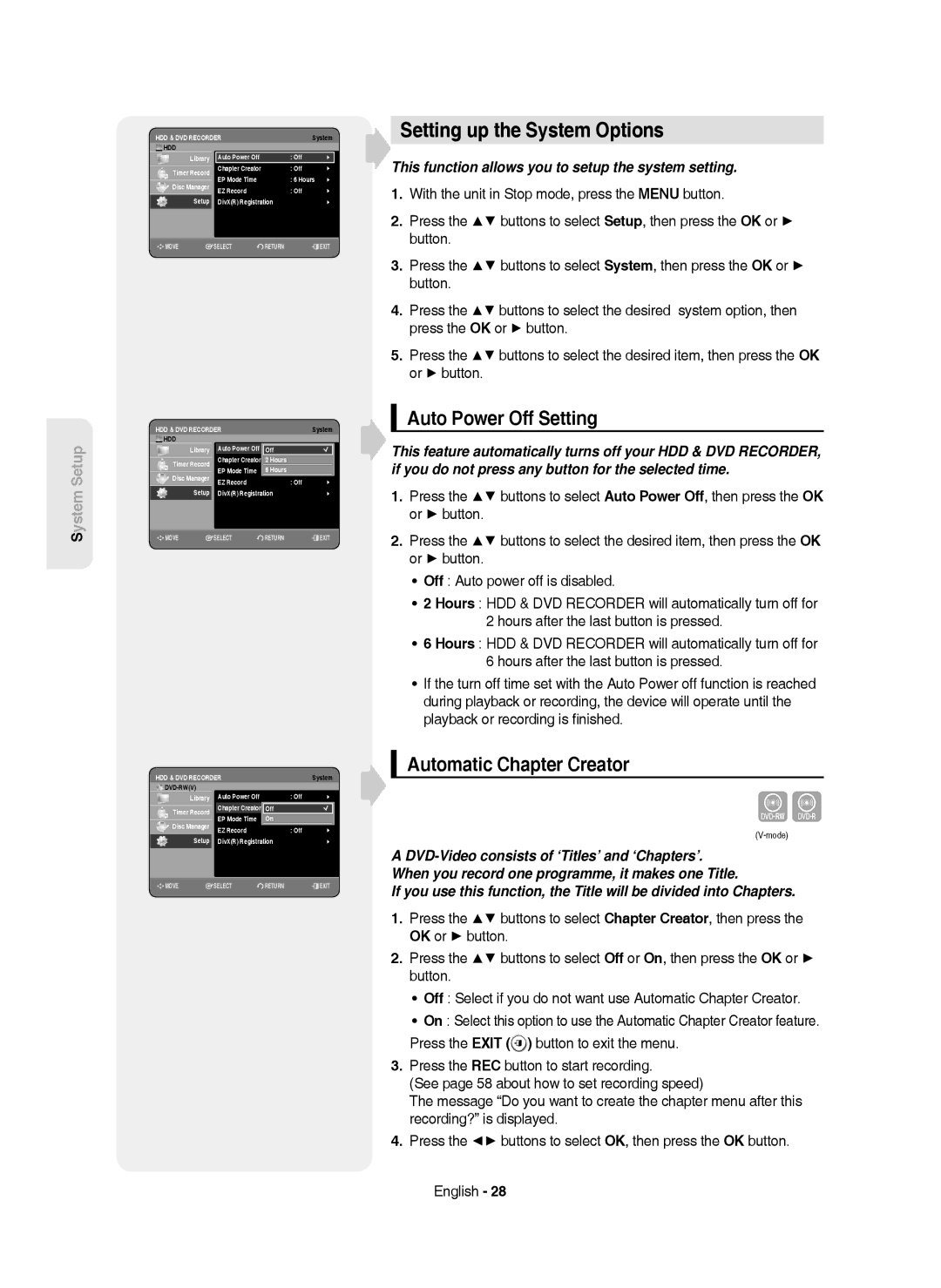 Samsung DVD-HR750/AUS, DVD-HR750/EUR manual Setting up the System Options, Auto Power Off Setting, Automatic Chapter Creator 