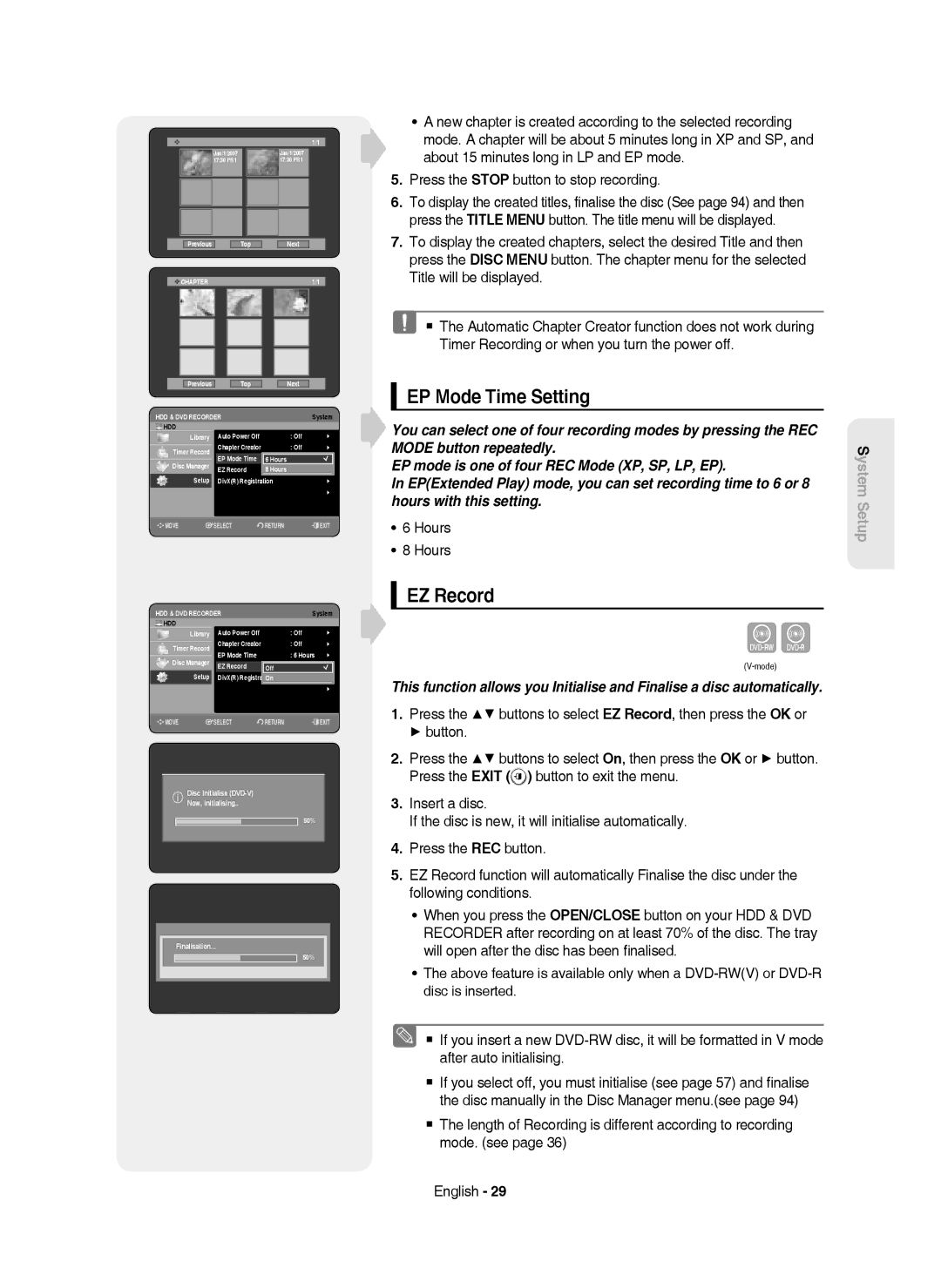 Samsung DVD-HR750/EUR, DVD-HR750/AUS manual EP Mode Time Setting, EZ Record, Press the Stop button to stop recording, Hours 