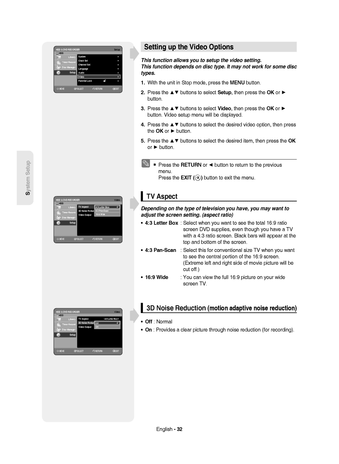 Samsung DVD-HR750/AUS manual Setting up the Video Options, TV Aspect, 3D Noise Reduction motion adaptive noise reduction 