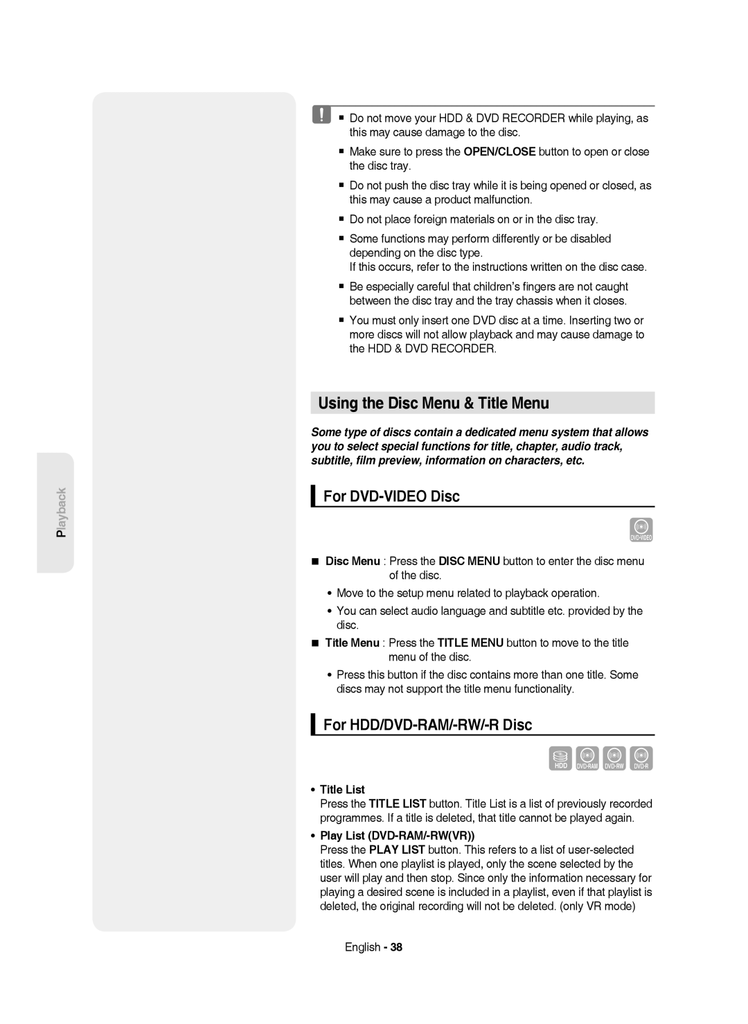 Samsung DVD-HR750/XEC manual Using the Disc Menu & Title Menu, For DVD-VIDEO Disc, For HDD/DVD-RAM/-RW/-R Disc, Title List 