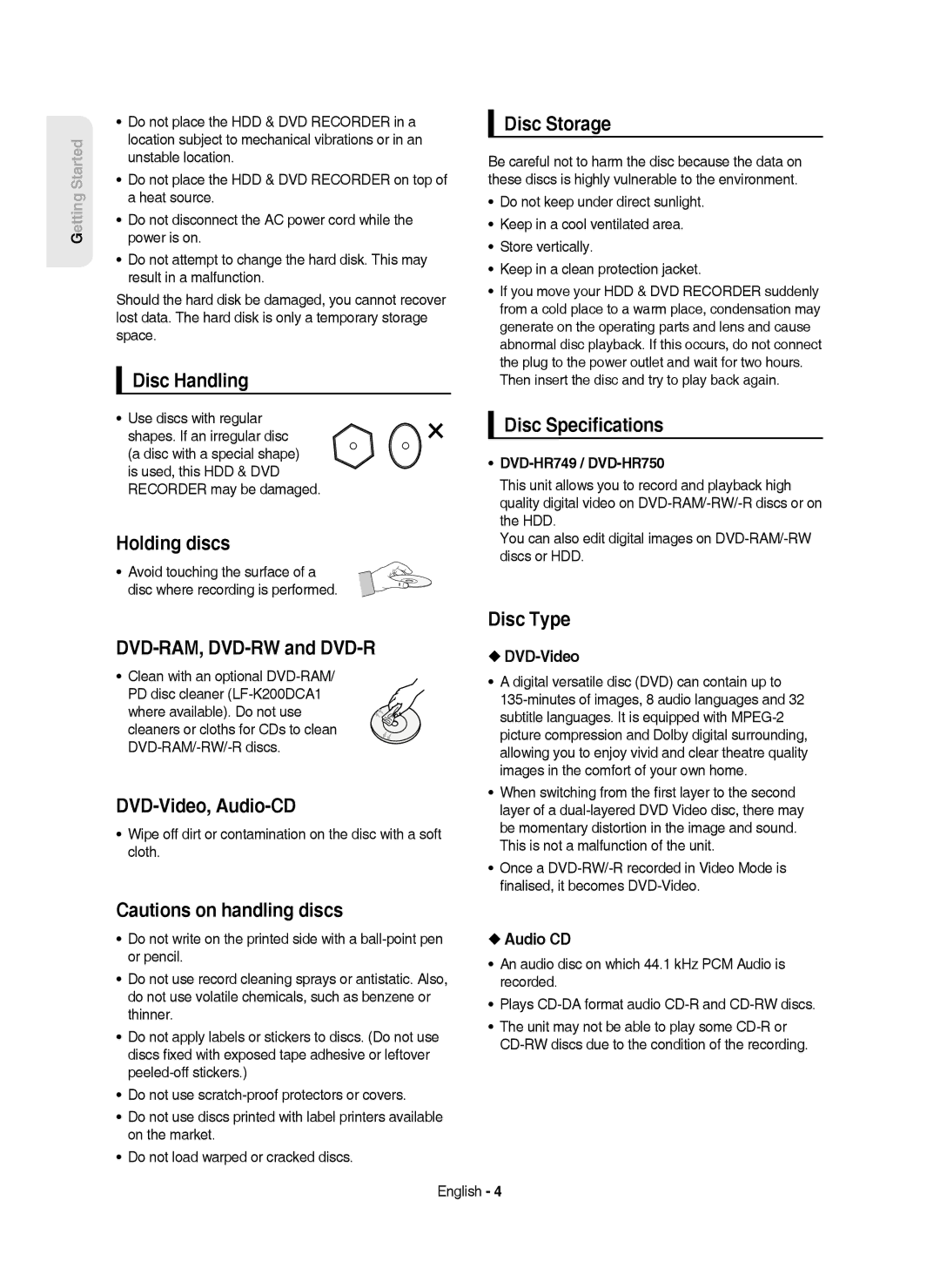 Samsung DVD-HR750/AUS manual Disc Handling, Holding discs, DVD-RAM, DVD-RW and DVD-R, DVD-Video, Audio-CD, Disc Storage 