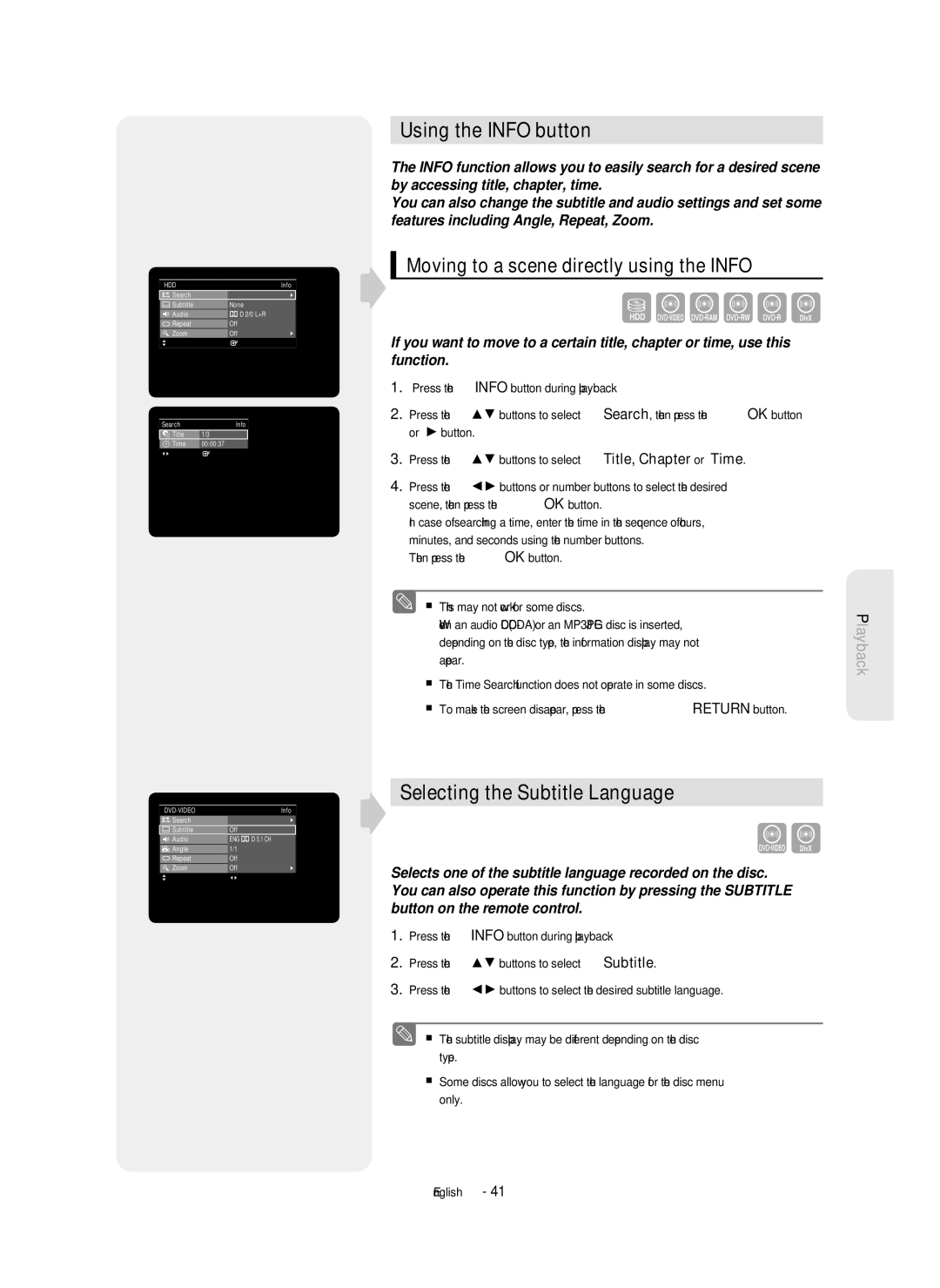 Samsung DVD-HR750/EUR Using the Info button, Selecting the Subtitle Language, Moving to a scene directly using the Info 