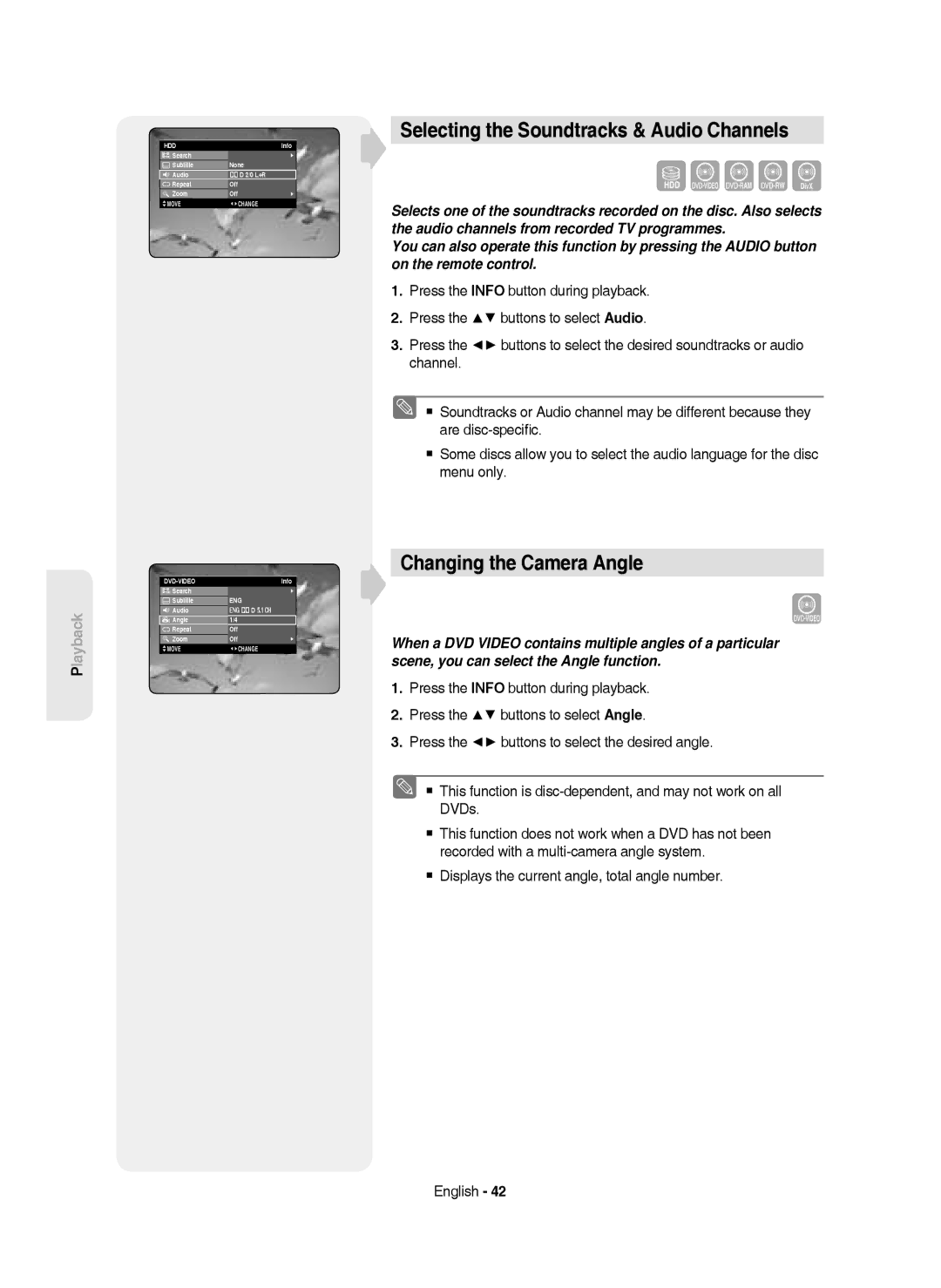 Samsung DVD-HR750/XEC manual Selecting the Soundtracks & Audio Channels, Changing the Camera Angle, Search Subtitle 