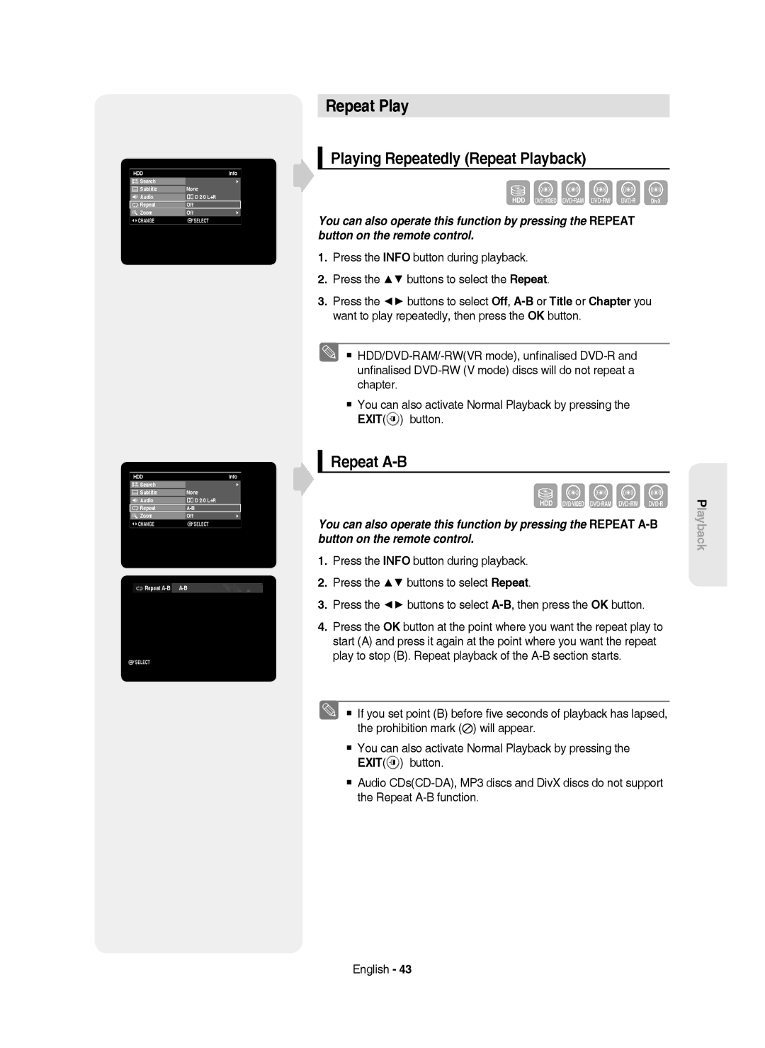 Samsung DVD-HR750/XEH, DVD-HR750/AUS, DVD-HR750/EUR manual Playing Repeatedly Repeat Playback, Repeat A-B A-B 