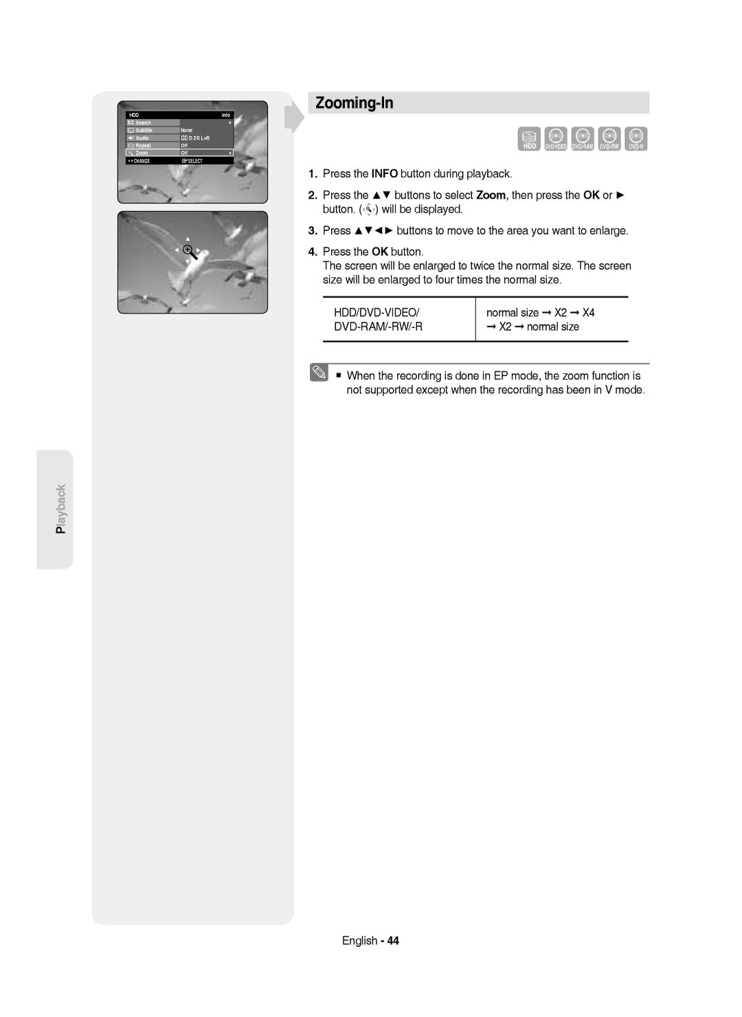 Samsung DVD-HR750/AUS, DVD-HR750/EUR, DVD-HR750/XEC, DVD-HR750/XEH manual Zooming-In, Normal size X2, X2 normal size 