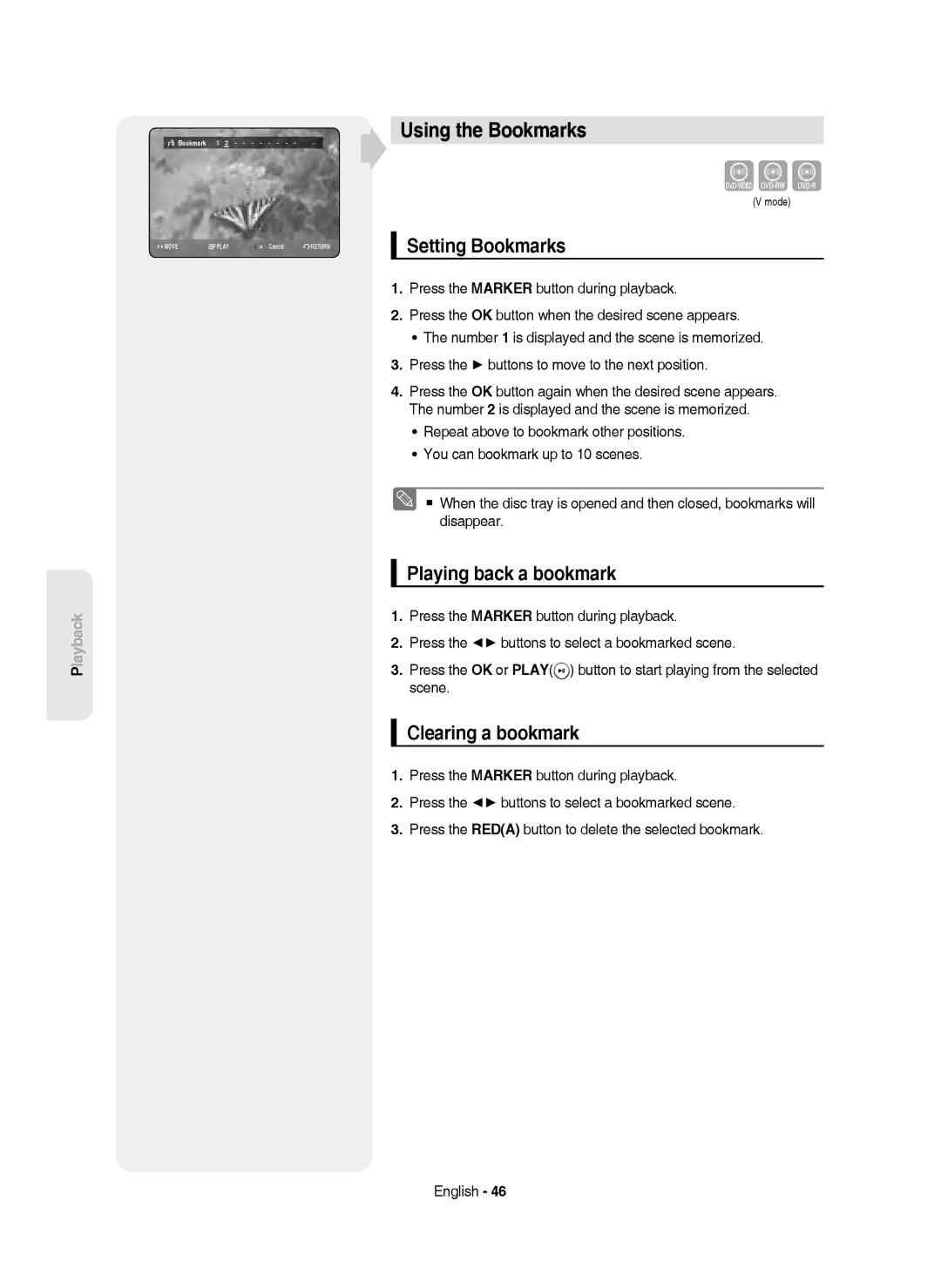 Samsung DVD-HR750/XEC, DVD-HR750/AUS Using the Bookmarks, Setting Bookmarks, Playing back a bookmark, Clearing a bookmark 