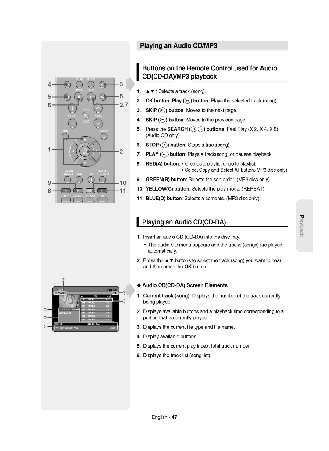 Samsung DVD-HR750/XEH, DVD-HR750/AUS manual Playing an Audio CD/MP3, Playing an Audio CDCD-DA, Audio CDCD-DA Screen Elements 