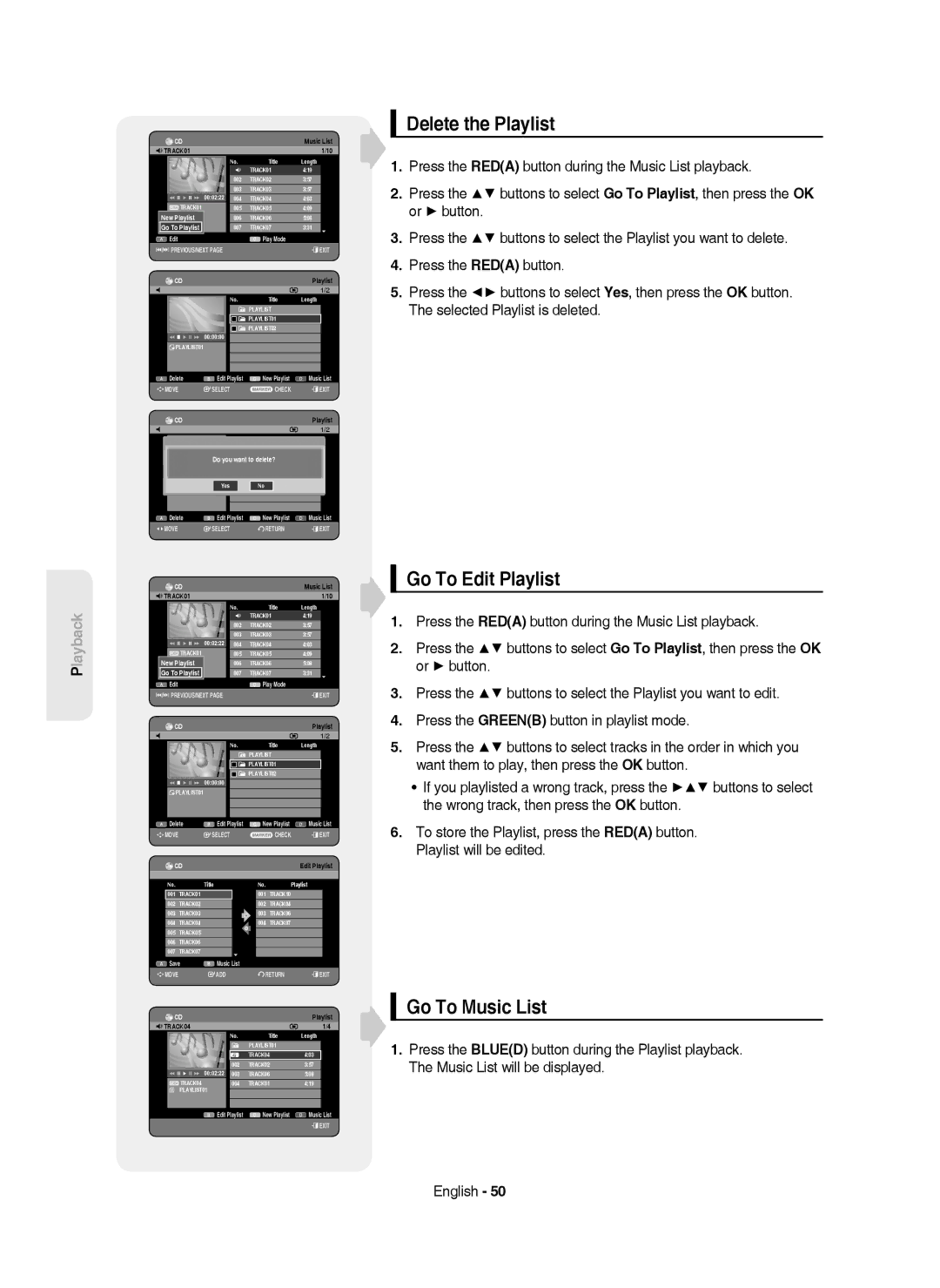 Samsung DVD-HR750/XEC manual Delete the Playlist, Go To Edit Playlist, Go To Music List, Do you wantE toPLAYLIST01delete? 