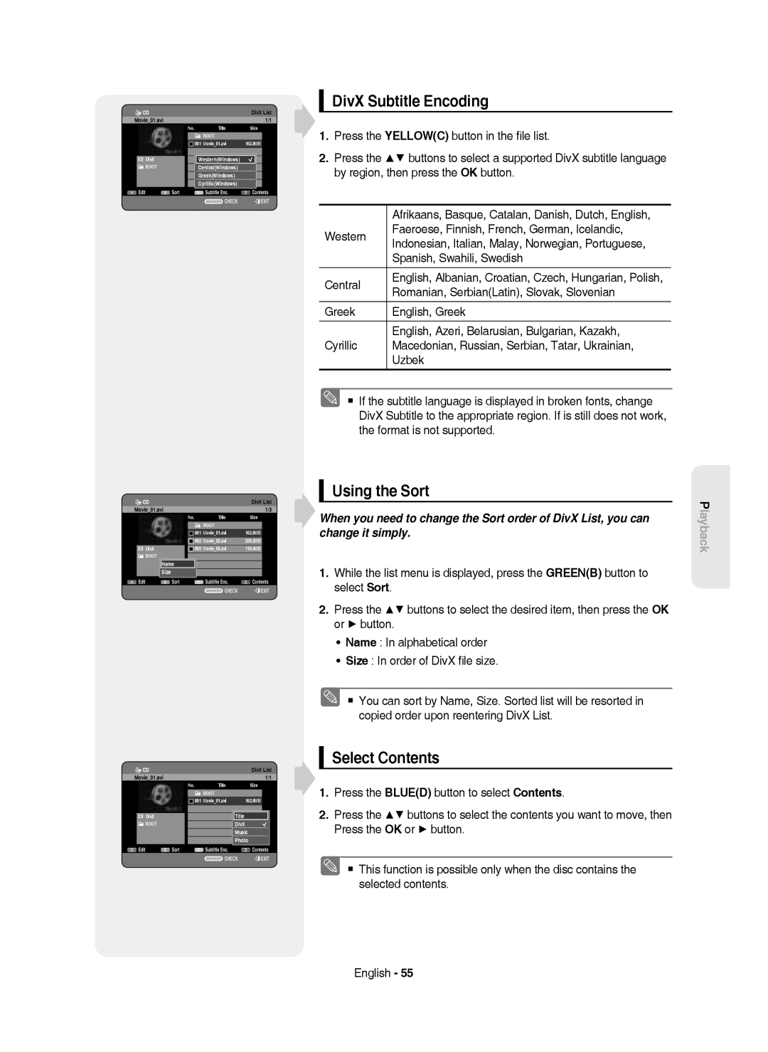 Samsung DVD-HR750/XEH, DVD-HR750/AUS manual DivX Subtitle Encoding, Romanian, SerbianLatin, Slovak, Slovenian, DivX Music 