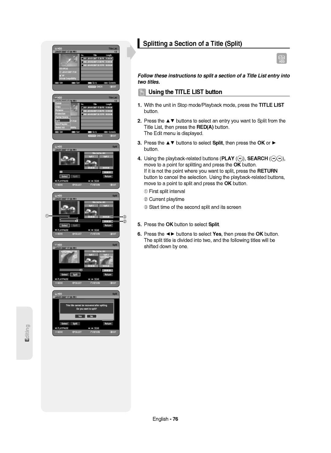 Samsung DVD-HR750/AUS, DVD-HR750/EUR, DVD-HR750/XEC, DVD-HR750/XEH manual Splitting a Section of a Title Split 