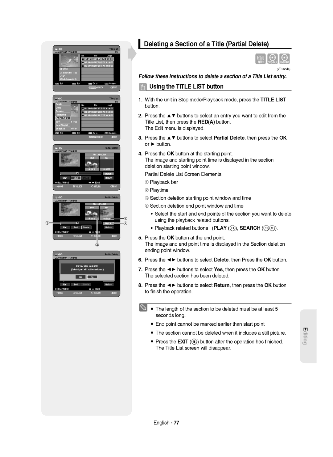 Samsung DVD-HR750/EUR Deleting a Section of a Title Partial Delete, Playback related buttons Play, Ending point window 