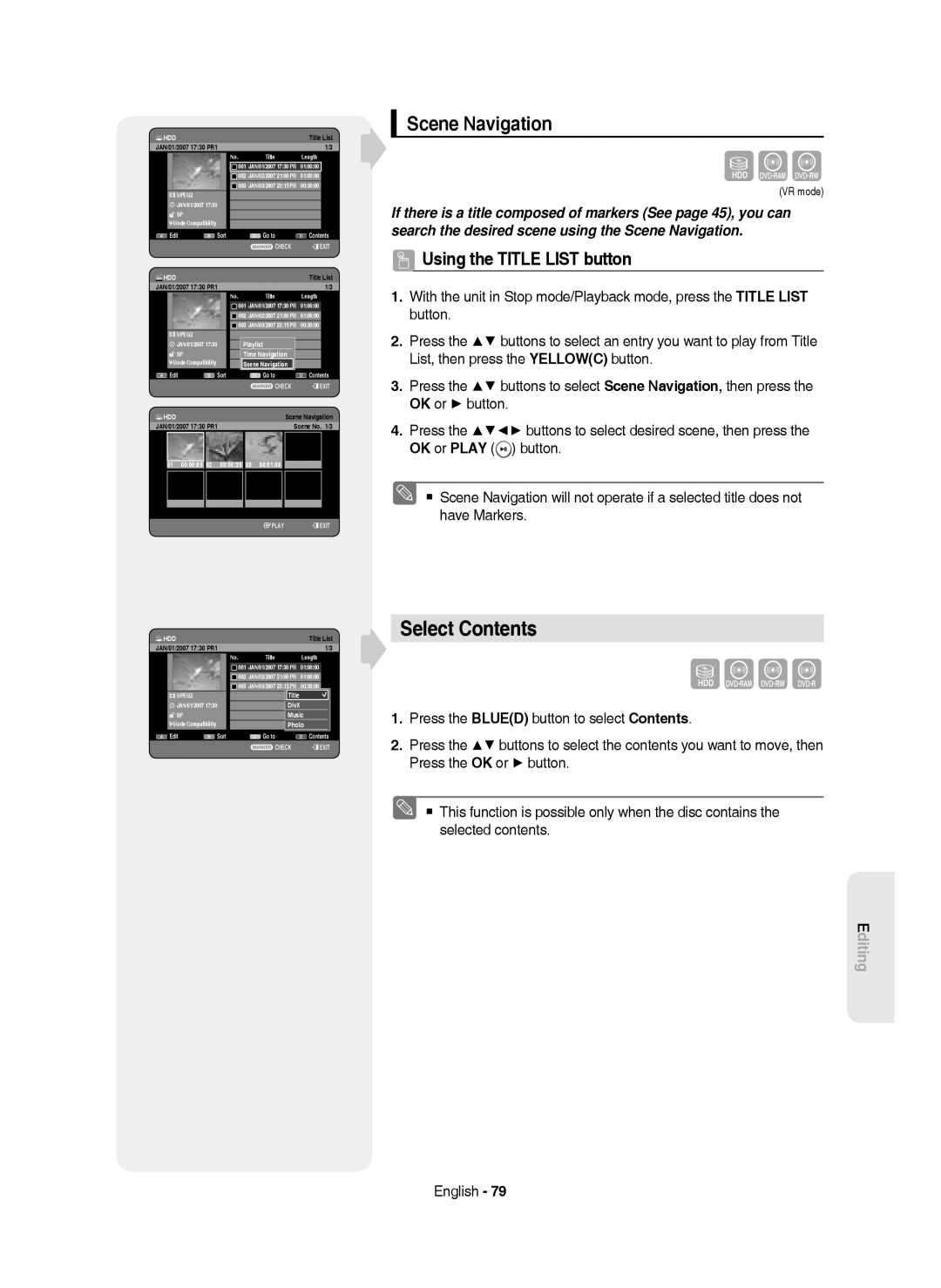 Samsung DVD-HR750/XEH, DVD-HR750/AUS, DVD-HR750/EUR, DVD-HR750/XEC manual Select Contents, Scene Navigation, 000105 