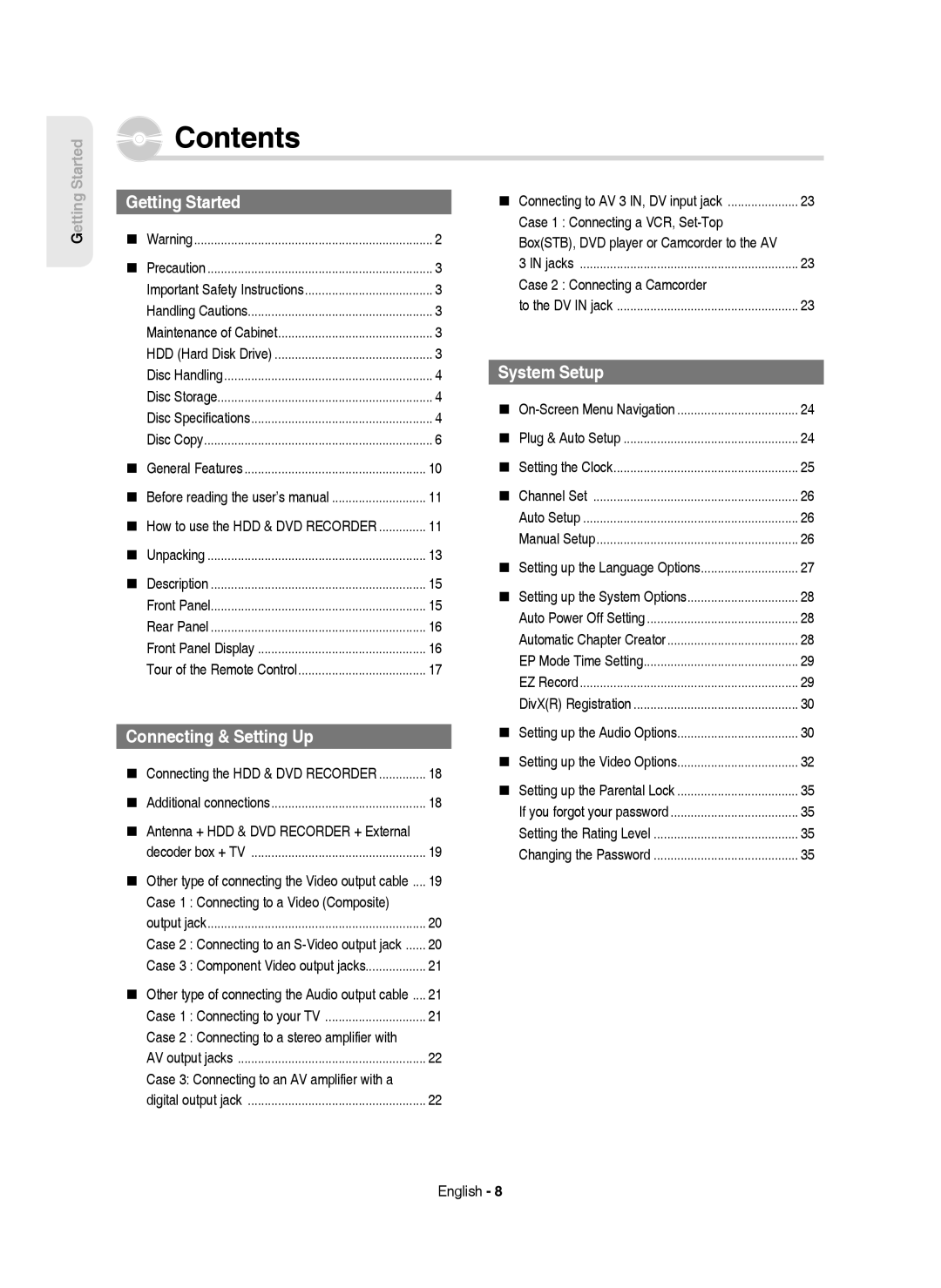 Samsung DVD-HR750/AUS, DVD-HR750/EUR, DVD-HR750/XEC, DVD-HR750/XEH manual Contents 