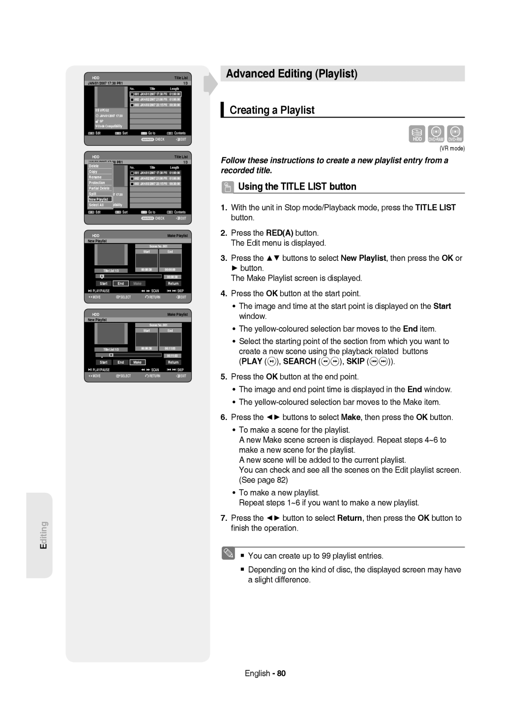 Samsung DVD-HR750/AUS manual Advanced Editing Playlist, Creating a Playlist, Play , Search , Skip, Start End Make Return 