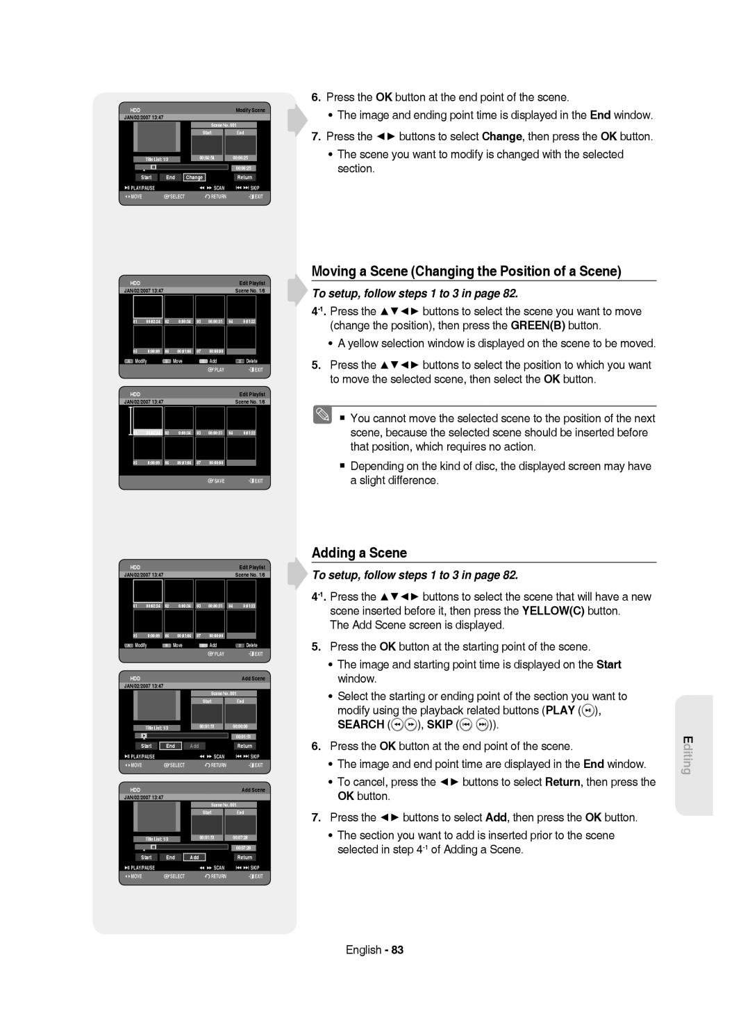 Samsung DVD-HR750/XEH, DVD-HR750/AUS, DVD-HR750/EUR manual Moving a Scene Changing the Position of a Scene, Adding a Scene 