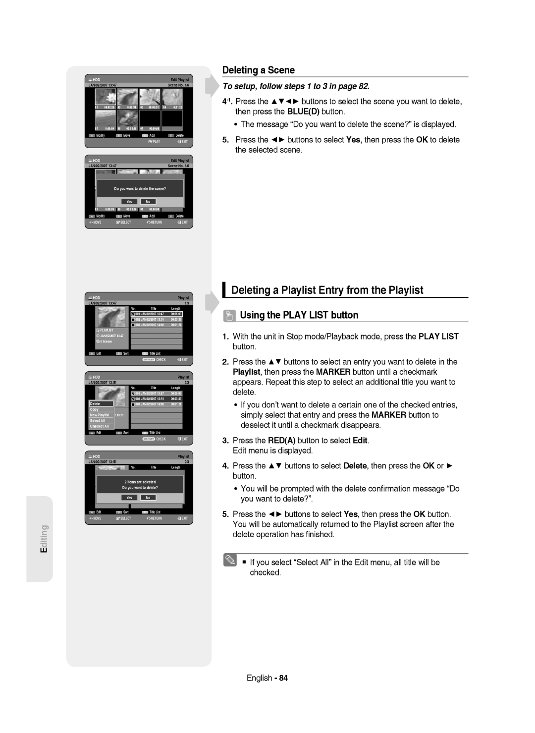 Samsung DVD-HR750/AUS manual Deleting a Playlist Entry from the Playlist, Deleting a Scene, Select7 6AllScenes Unselect All 