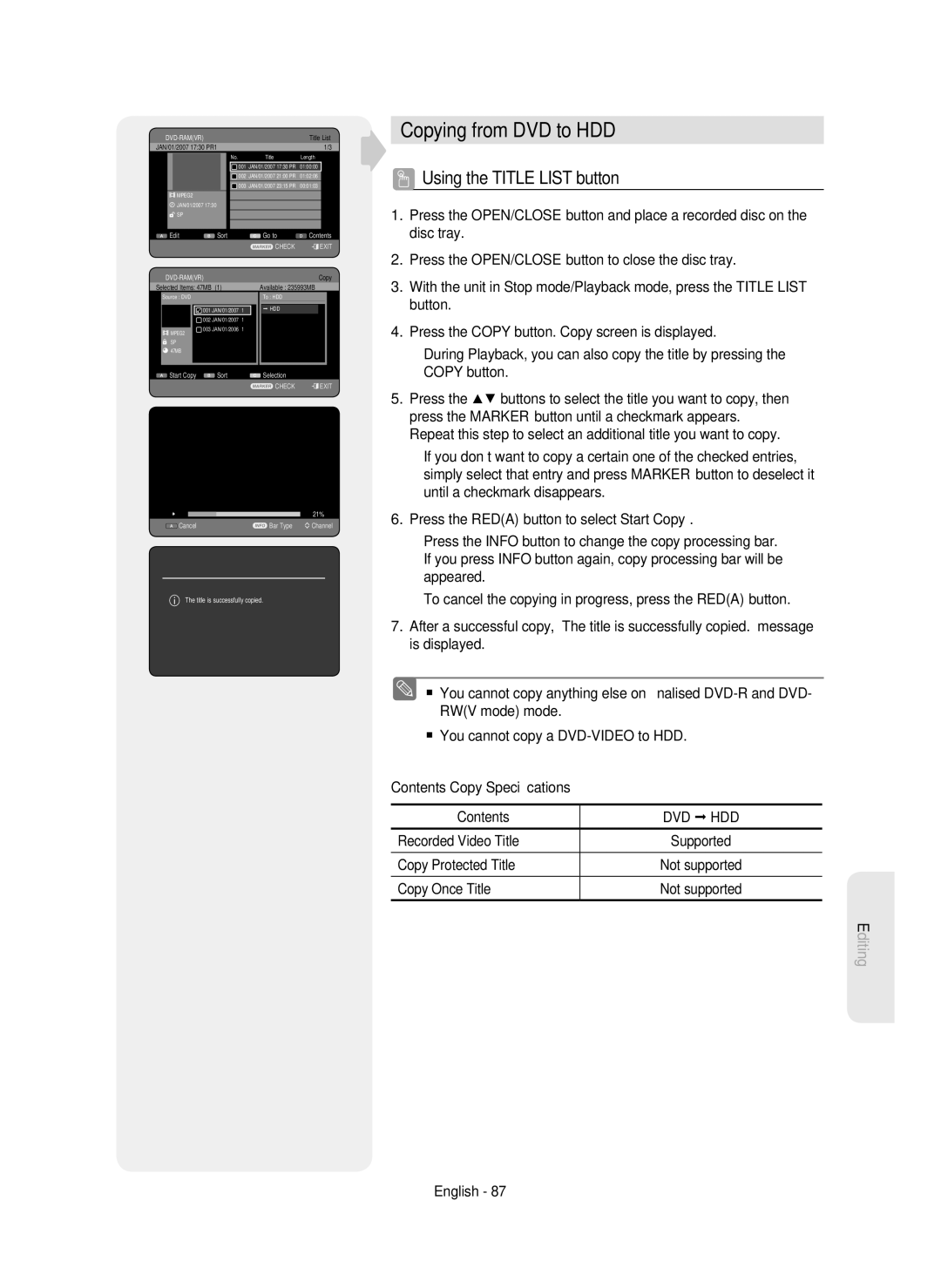 Samsung DVD-HR750/XEH, DVD-HR750/AUS, DVD-HR750/EUR, DVD-HR750/XEC manual Copying from DVD to HDD, Available 235993MB 