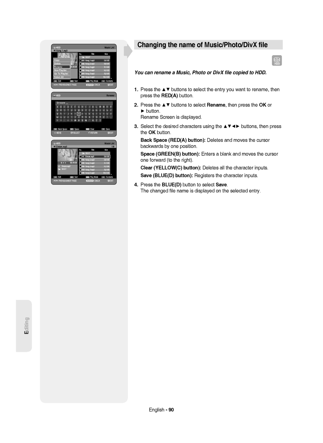 Samsung DVD-HR750/XEC, DVD-HR750/AUS Changing the name of Music/Photo/DivX ﬁle, Song 1.mp3, To Playlist Select All, Dream 