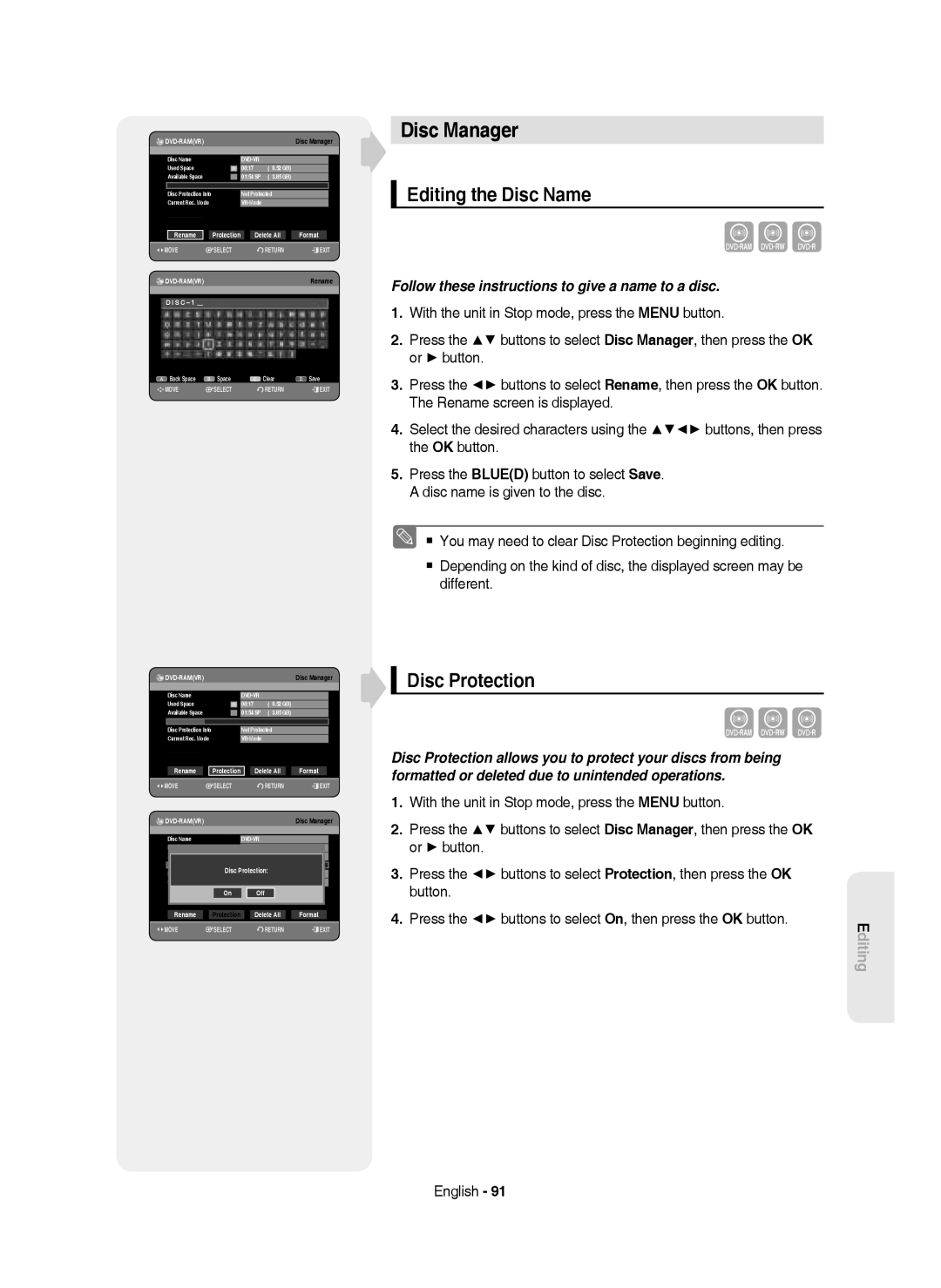 Samsung DVD-HR750/XEH, DVD-HR750/AUS, DVD-HR750/EUR, DVD-HR750/XEC manual Disc Manager, Editing the Disc Name, Disc Protection 