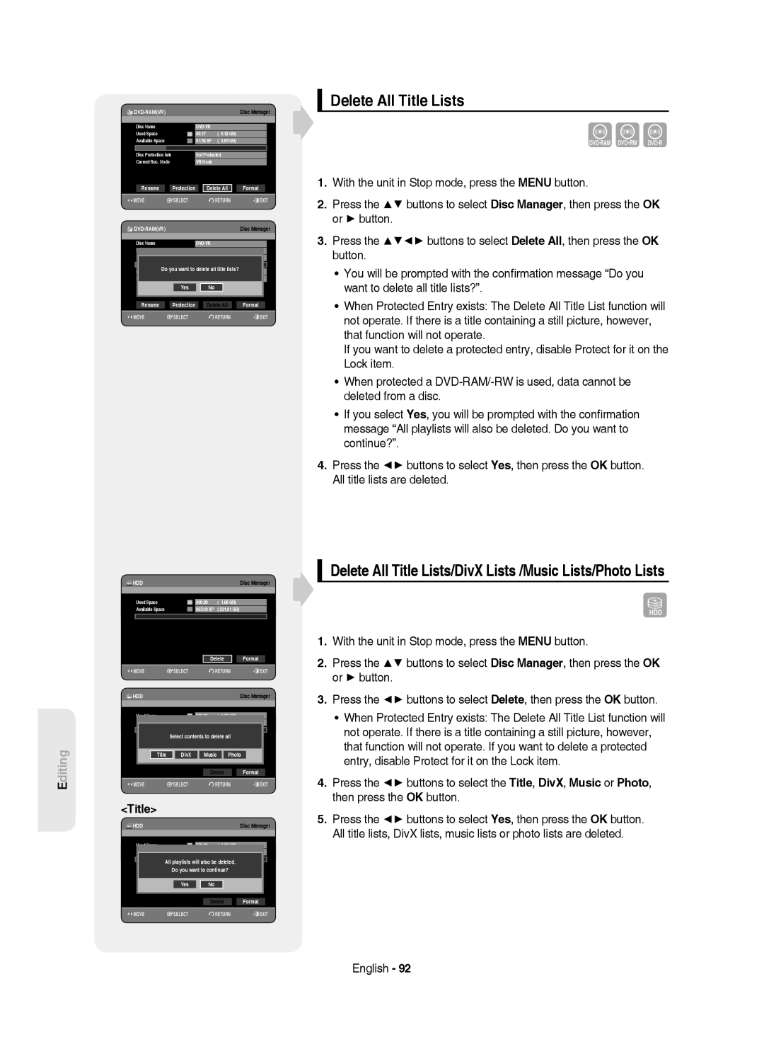 Samsung DVD-HR750/AUS manual Delete All Title Lists/DivX Lists /Music Lists/Photo Lists, Delete All Format, Yes Rename 