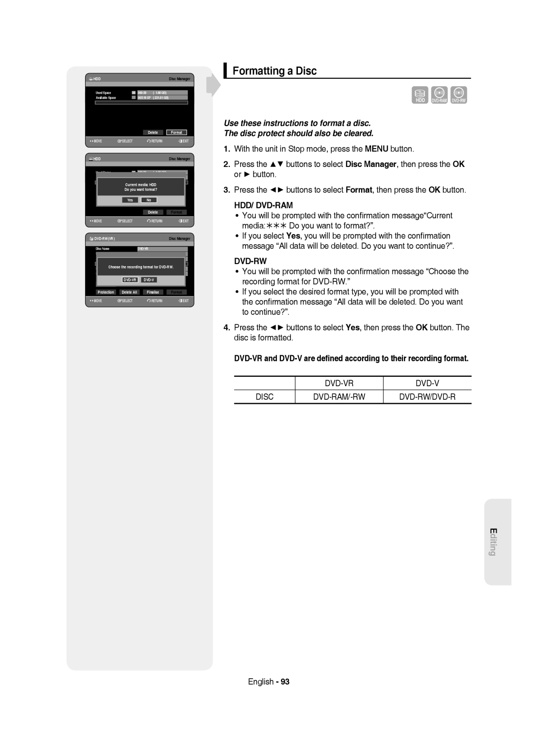 Samsung DVD-HR750/EUR, DVD-HR750/AUS, DVD-HR750/XEC Formatting a Disc, Current media HDD Do you want format?, Delete Format 