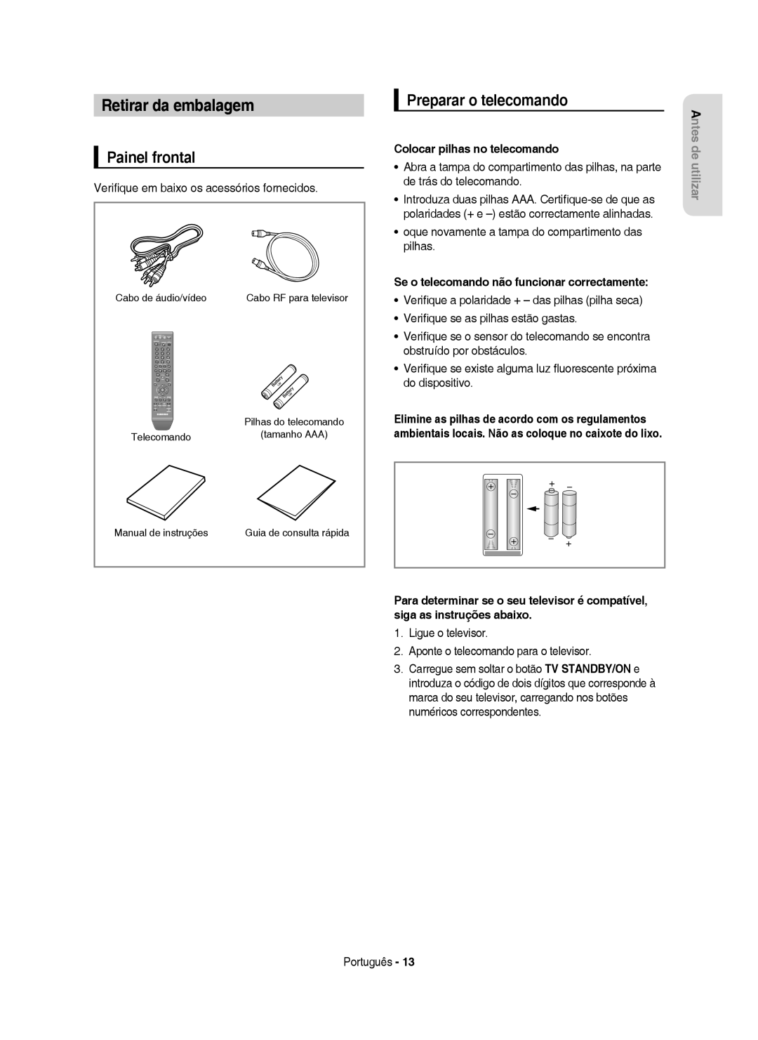 Samsung DVD-HR749/XEC manual Retirar da embalagem, Painel frontal, Preparar o telecomando, Colocar pilhas no telecomando 