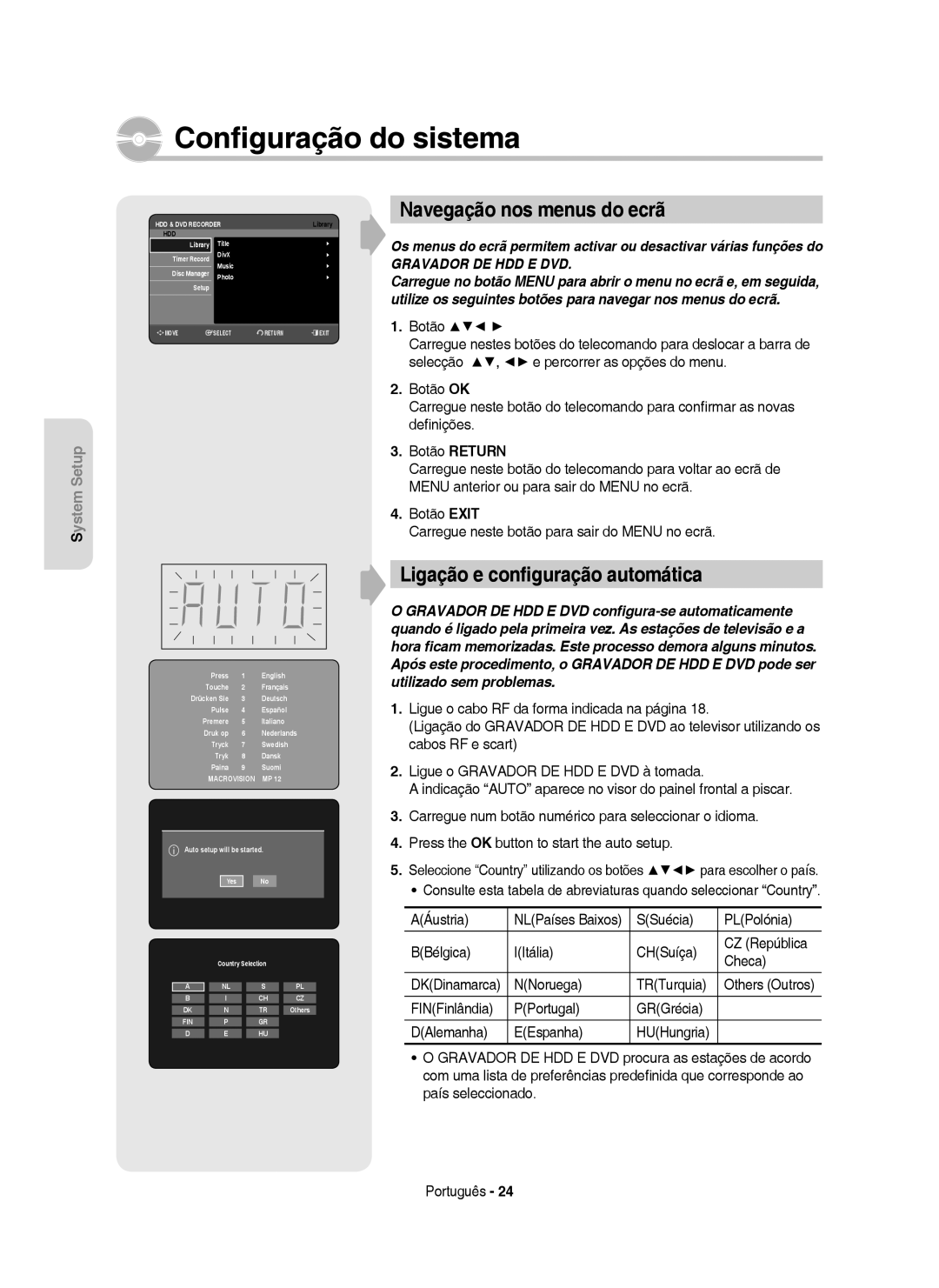 Samsung DVD-HR750/EUR manual Navegação nos menus do ecrã, Ligação e conﬁguração automática, Botão, NNoruega TRTurquia 