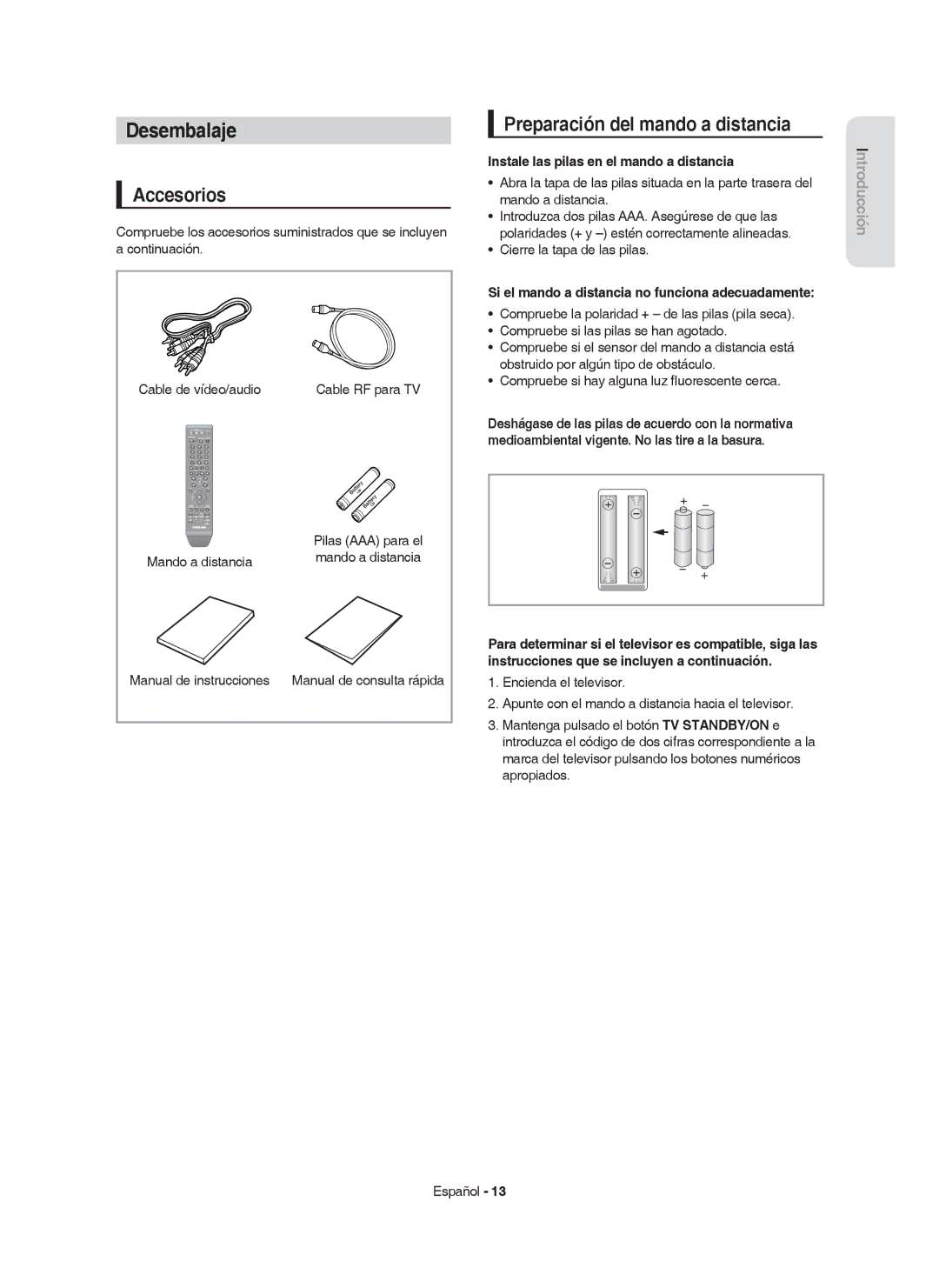 Samsung DVD-HR749/XEC, DVD-HR750/EUR, DVD-HR750/XEC manual Desembalaje, Accesorios, Preparación del mando a distancia 