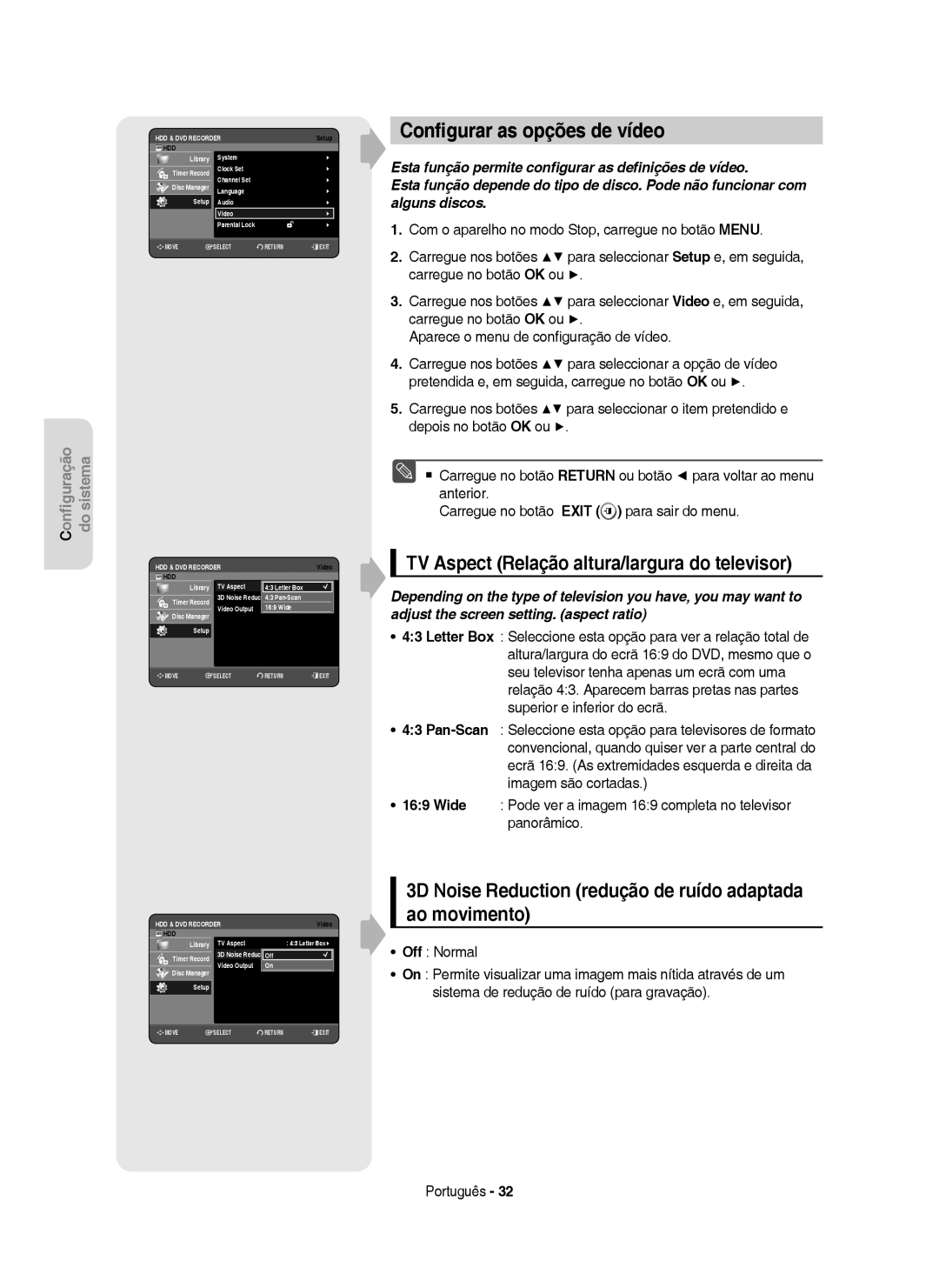 Samsung DVD-HR750/XEC, DVD-HR750/EUR manual Conﬁgurar as opções de vídeo, TV Aspect Relação altura/largura do televisor 