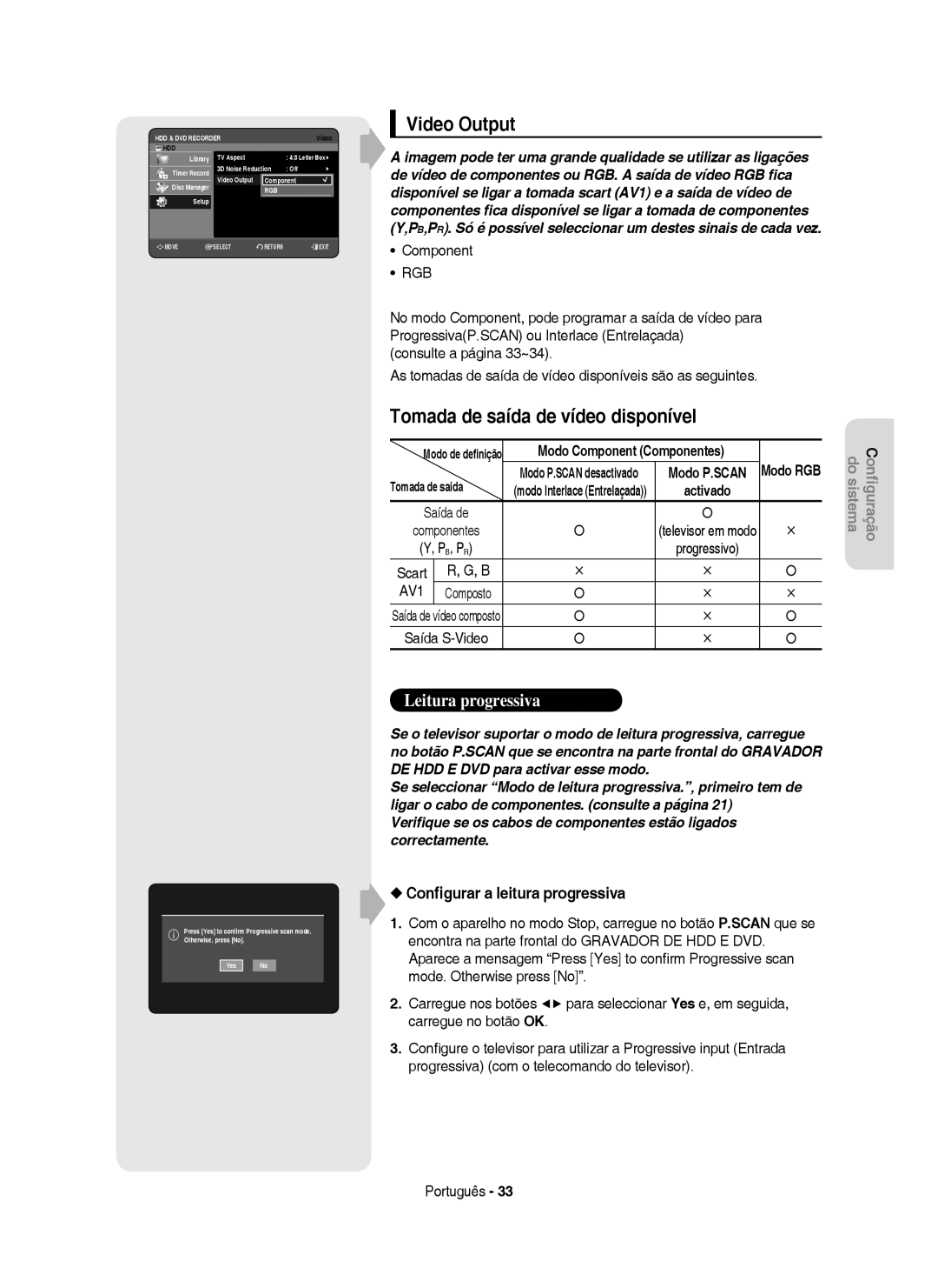 Samsung DVD-HR750/EUR manual Video Output, Tomada de saída de vídeo disponível, Conﬁgurar a leitura progressiva, Component 