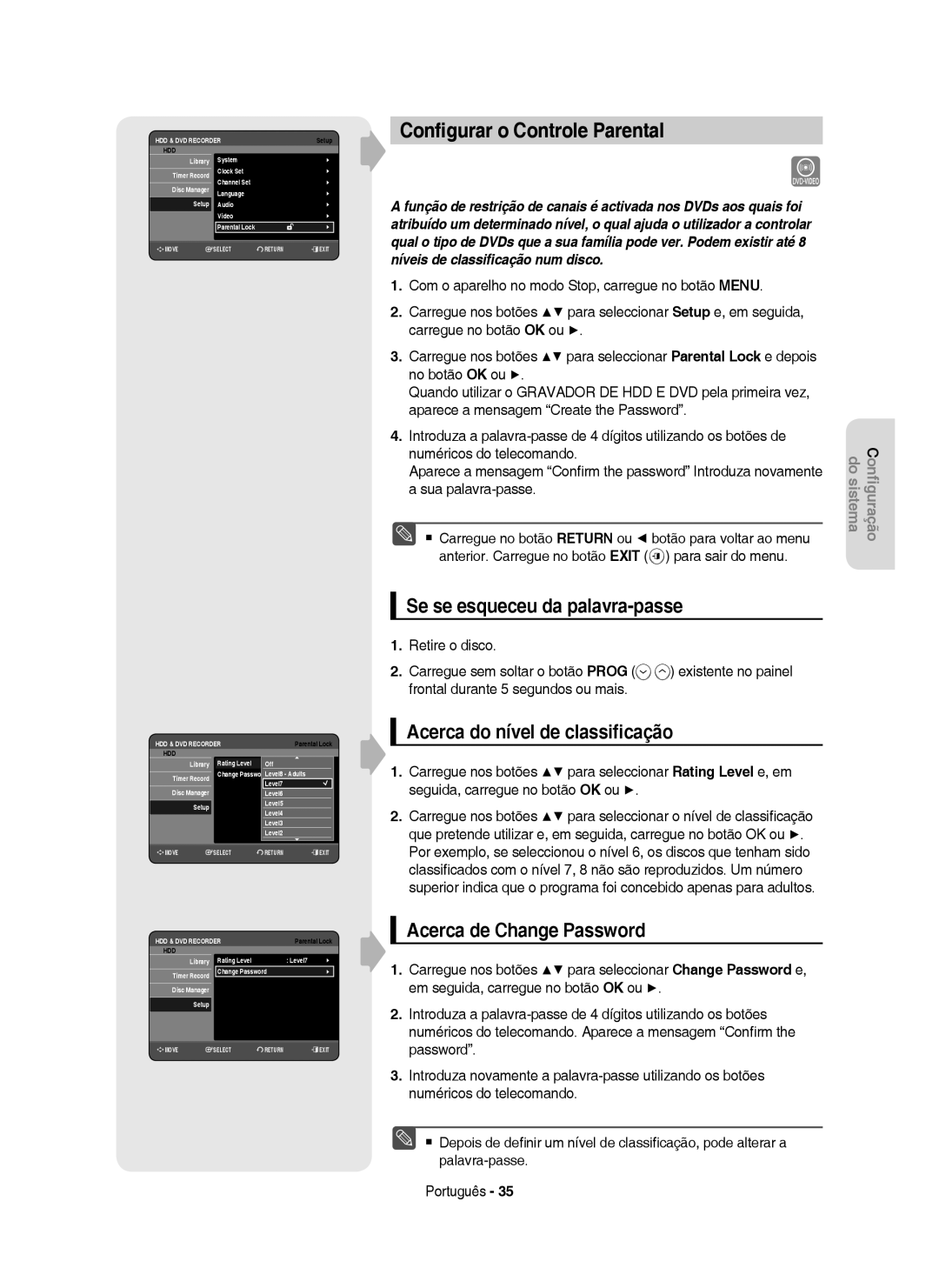 Samsung DVD-HR750/XEC Conﬁgurar o Controle Parental, Se se esqueceu da palavra-passe, Acerca do nível de classiﬁcação 