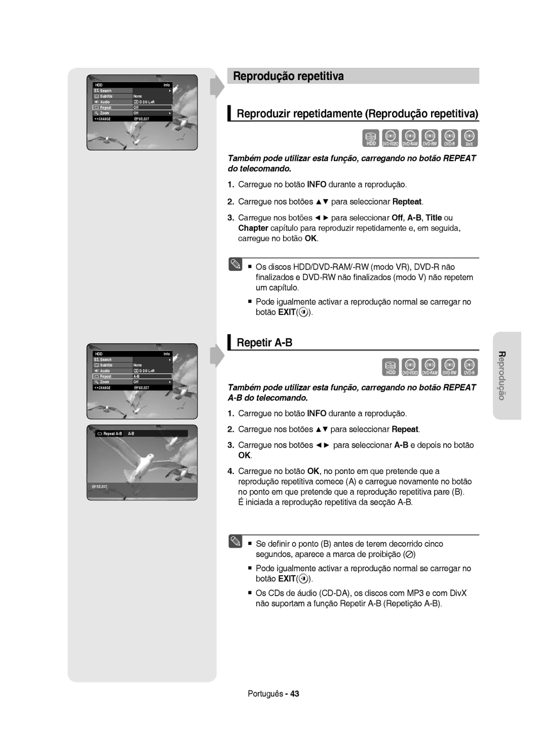 Samsung DVD-HR749/XEC, DVD-HR750/EUR manual Repetir A-B, Reproduzir repetidamente Reprodução repetitiva, Repeat A-B A-B 