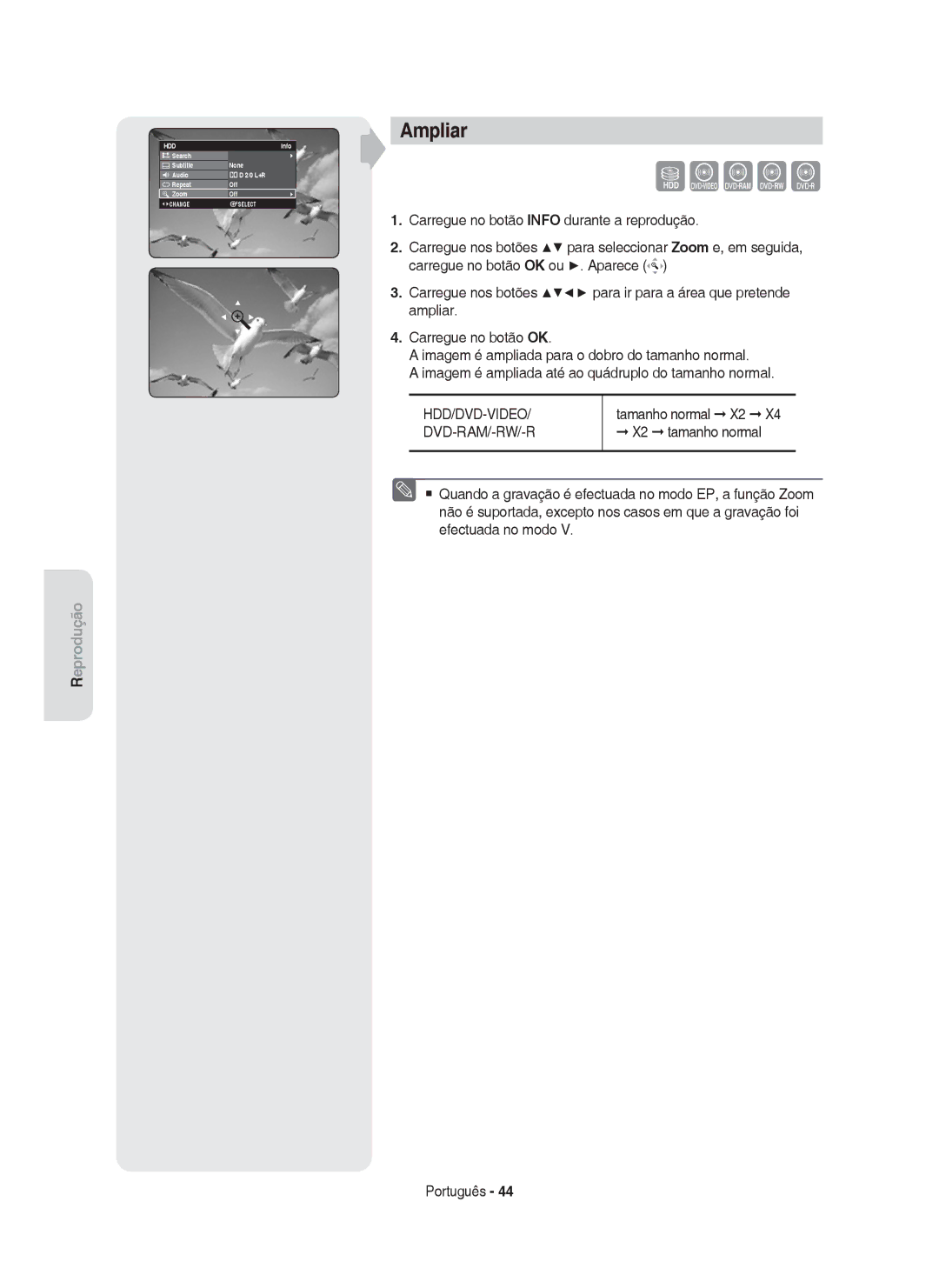 Samsung DVD-HR750/XEC, DVD-HR750/EUR, DVD-HR749/XEC manual Ampliar, X2 tamanho normal 