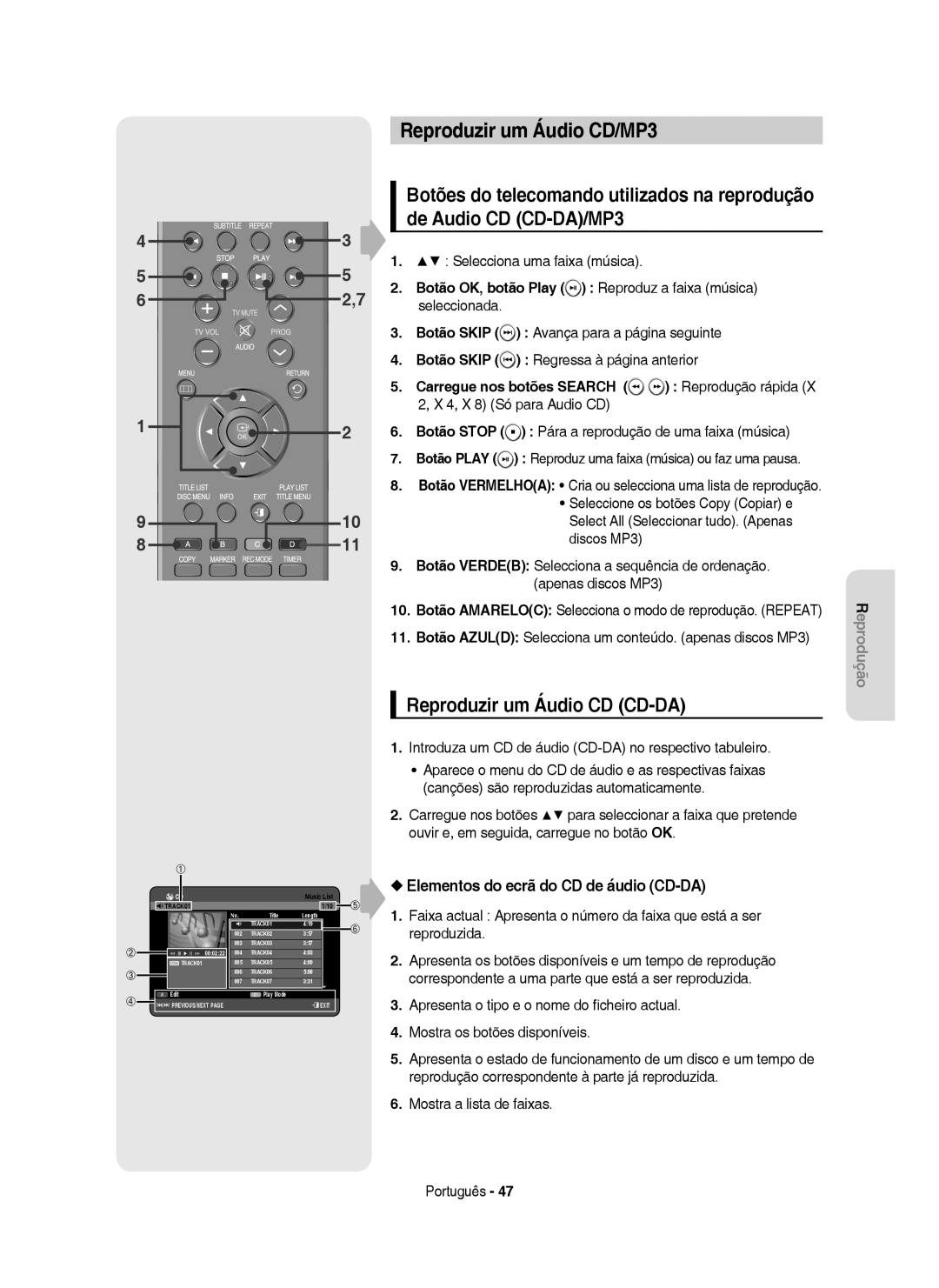 Samsung DVD-HR750/XEC Reproduzir um Áudio CD/MP3, Reproduzir um Áudio CD CD-DA, Elementos do ecrã do CD de áudio CD-DA 