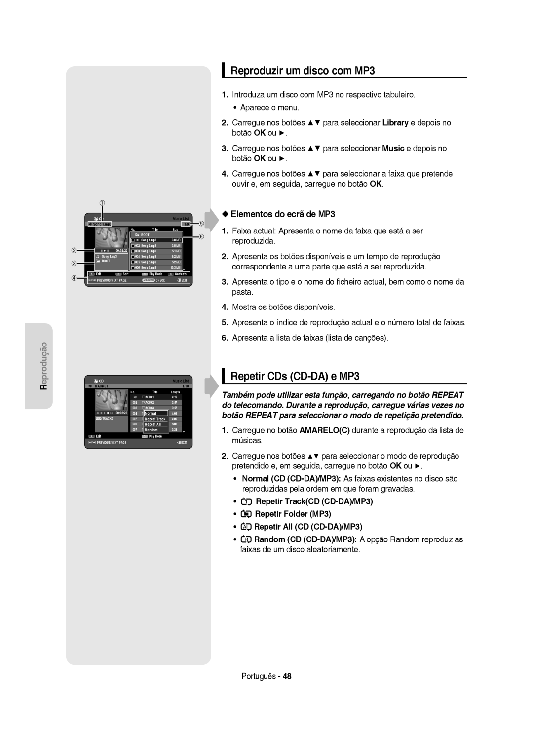 Samsung DVD-HR750/EUR, DVD-HR749/XEC manual Reproduzir um disco com MP3, Repetir CDs CD-DA e MP3, Elementos do ecrã de MP3 