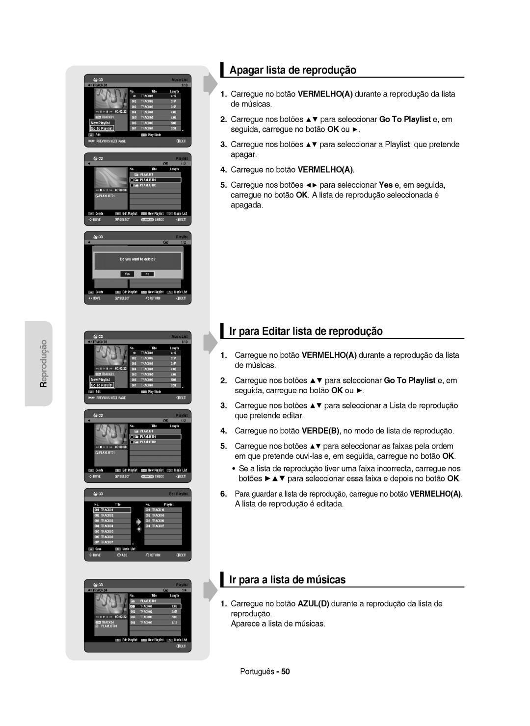 Samsung DVD-HR750/XEC manual Apagar lista de reprodução, Ir para Editar lista de reprodução, Ir para a lista de músicas 