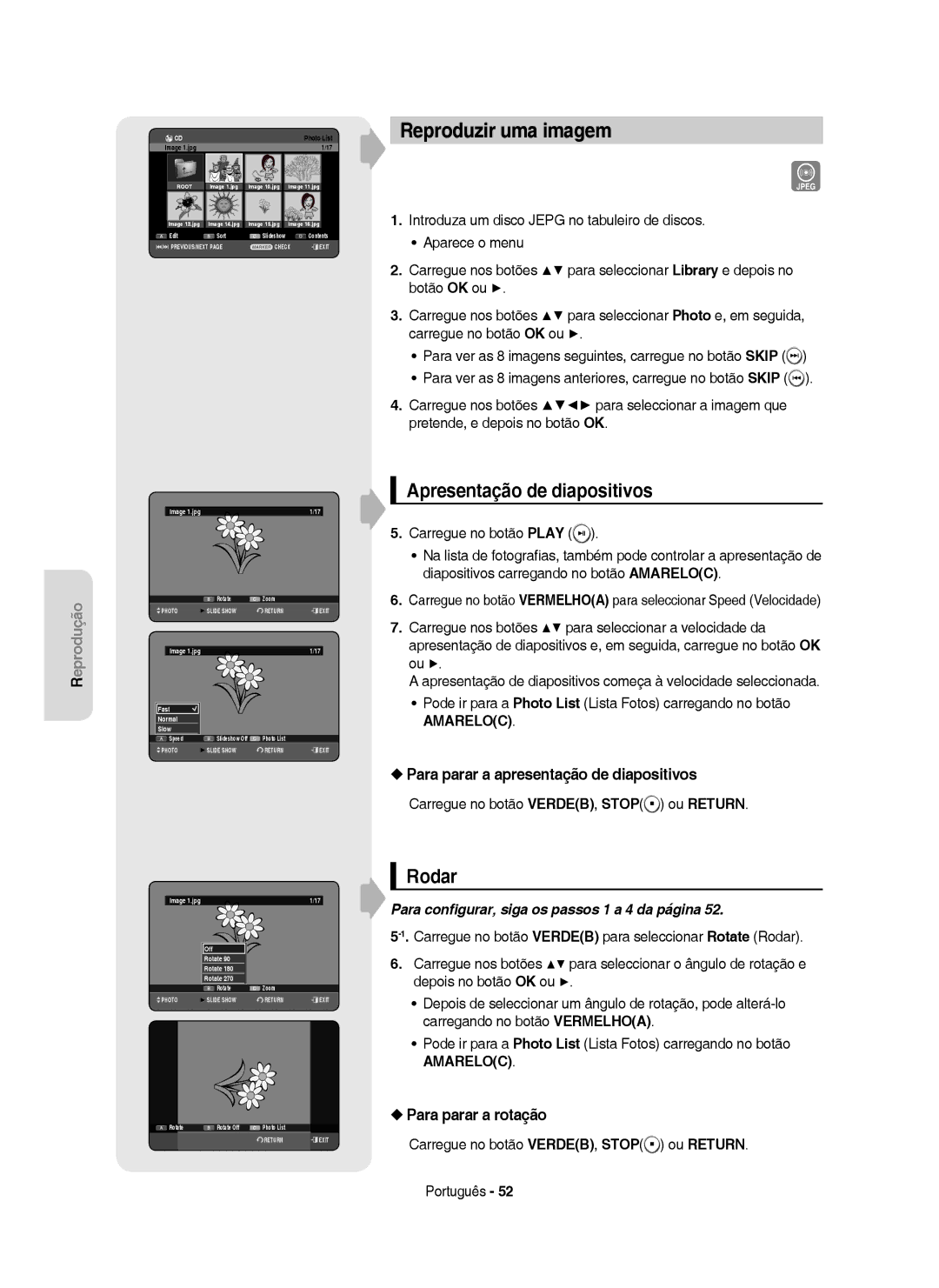 Samsung DVD-HR749/XEC, DVD-HR750/EUR manual Reproduzir uma imagem, Apresentação de diapositivos, Rodar, Para parar a rotação 