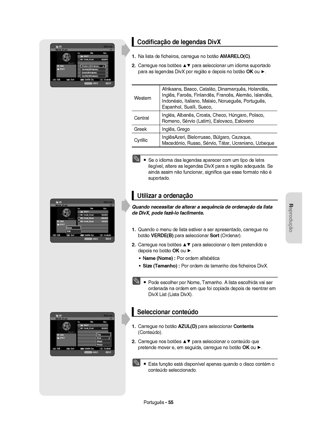 Samsung DVD-HR749/XEC manual Codiﬁcação de legendas DivX, Na lista de ﬁcheiros, carregue no botão Amareloc, Western 