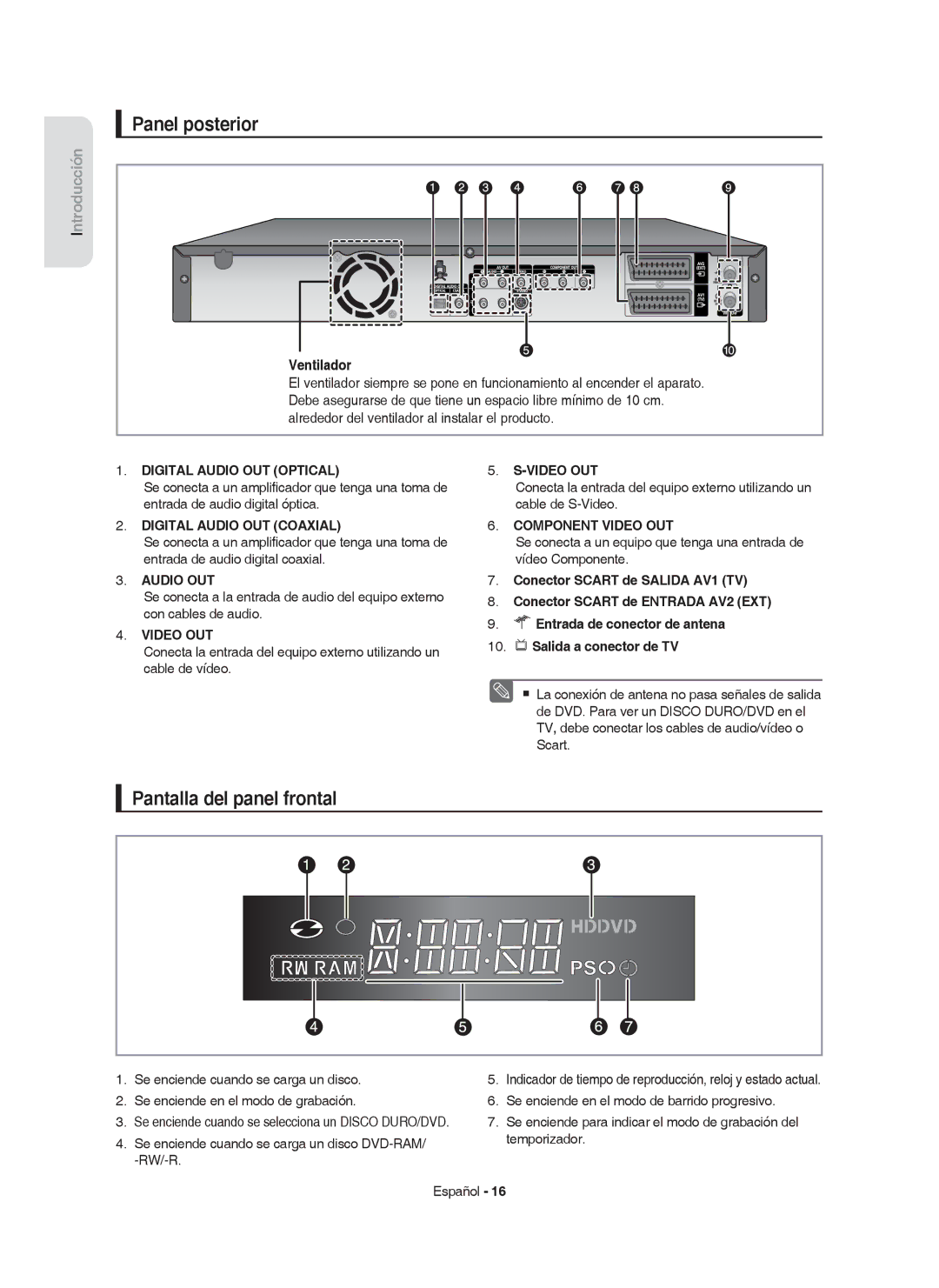 Samsung DVD-HR749/XEC, DVD-HR750/EUR, DVD-HR750/XEC manual Panel posterior, Pantalla del panel frontal 