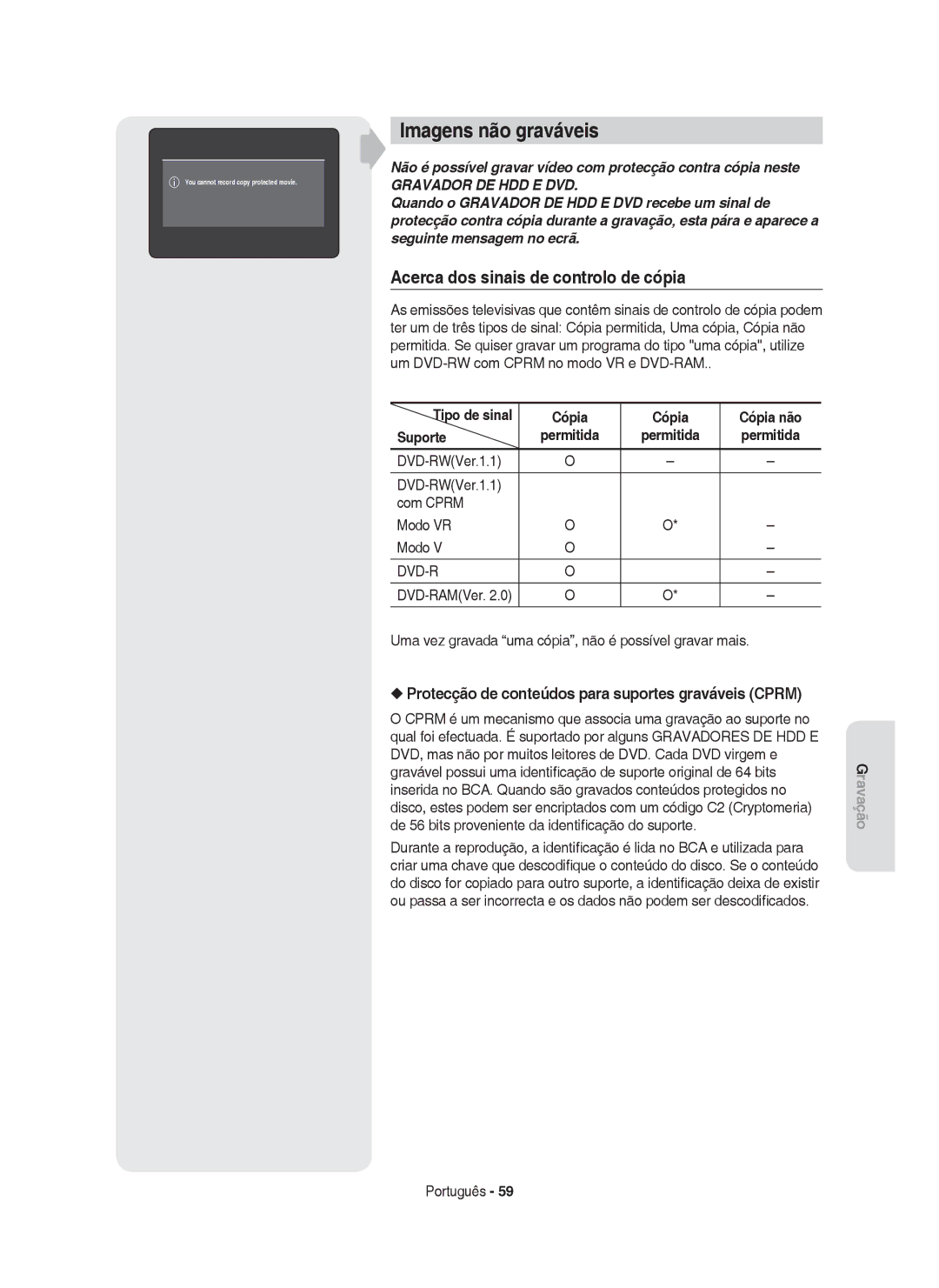 Samsung DVD-HR750/XEC manual Imagens não graváveis, Acerca dos sinais de controlo de cópia, Cópia Cópia não Suporte 