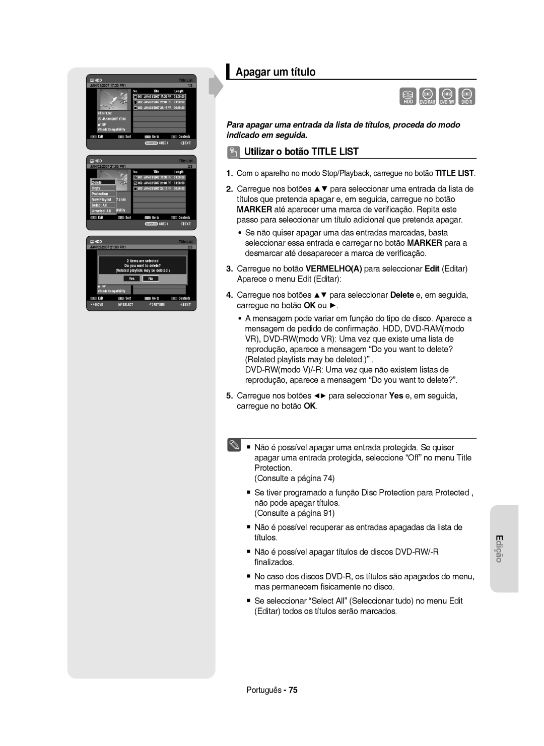 Samsung DVD-HR750/EUR, DVD-HR749/XEC, DVD-HR750/XEC manual Apagar um título 