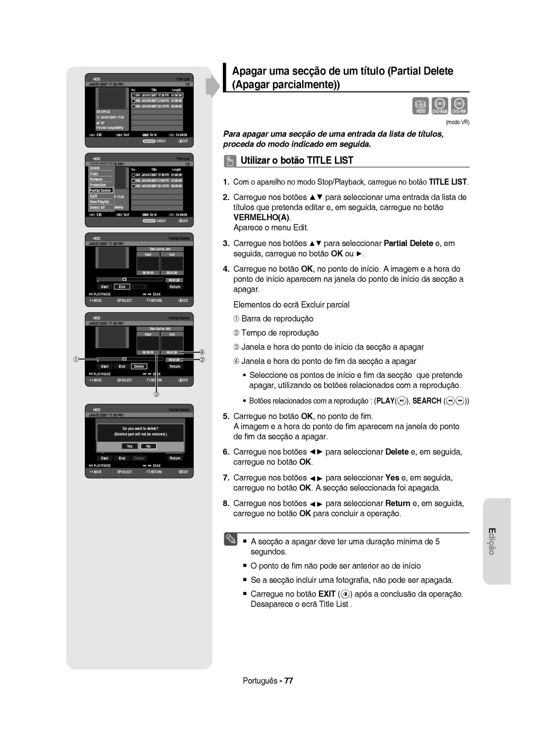 Samsung DVD-HR750/XEC, DVD-HR750/EUR manual New 1Playlist SP, Start End Delete Return, You, Part will not be restored 