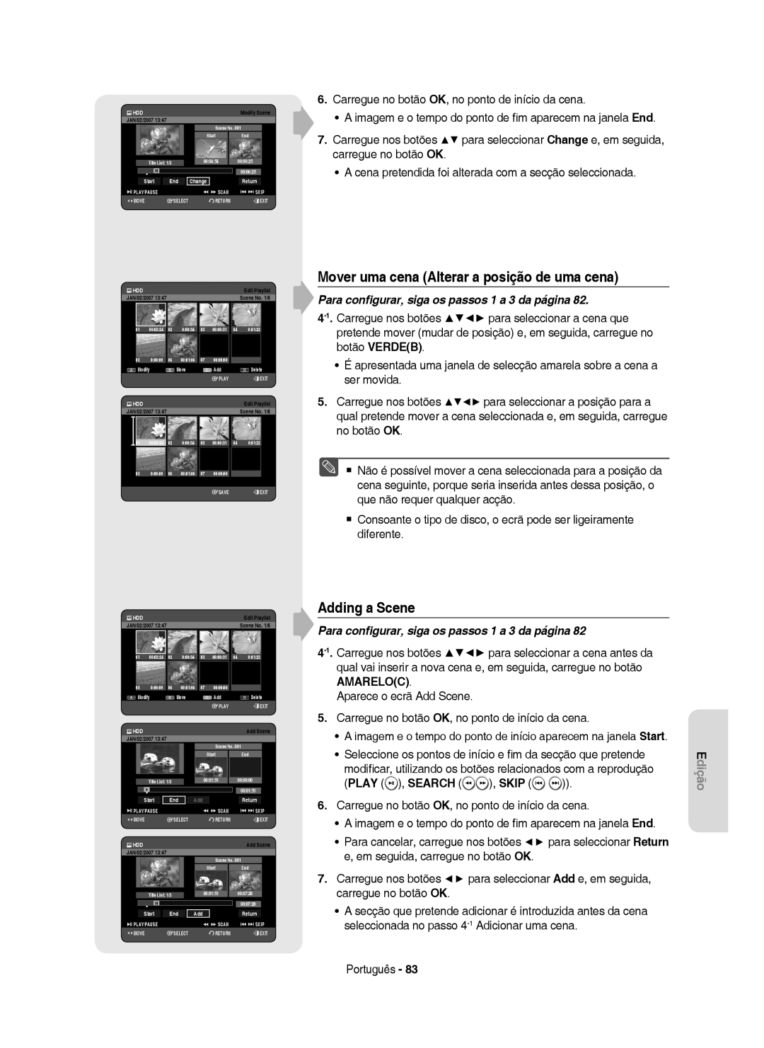 Samsung DVD-HR750/XEC, DVD-HR750/EUR, DVD-HR749/XEC manual Mover uma cena Alterar a posição de uma cena, Adding a Scene 