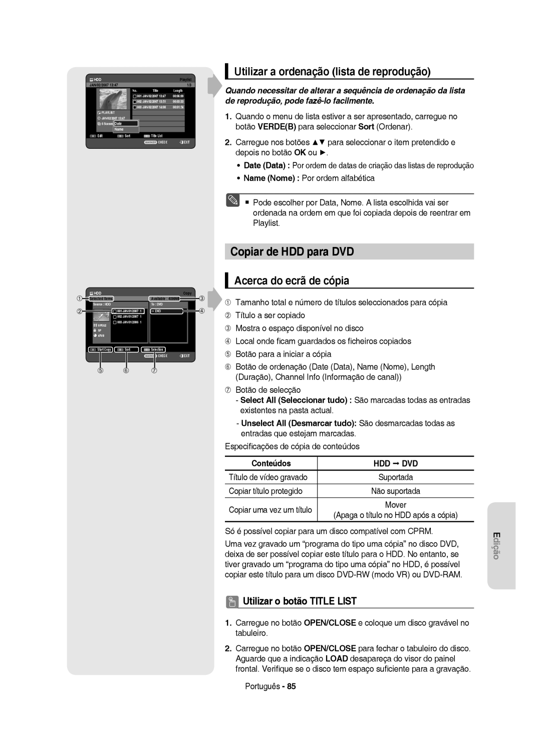 Samsung DVD-HR749/XEC Copiar de HDD para DVD, Utilizar a ordenação lista de reprodução, Acerca do ecrã de cópia, Conteúdos 