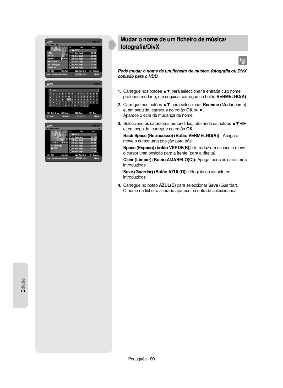 Samsung DVD-HR750/EUR, DVD-HR749/XEC, DVD-HR750/XEC manual Mudar o nome de um ﬁcheiro de música Fotograﬁa/DivX, Copy 